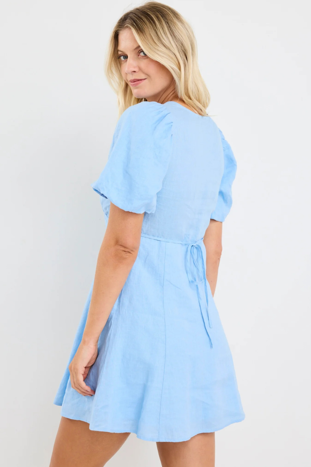 Adelaide Sky Blue Linen Puff Sleeve Paneled Mini Dress