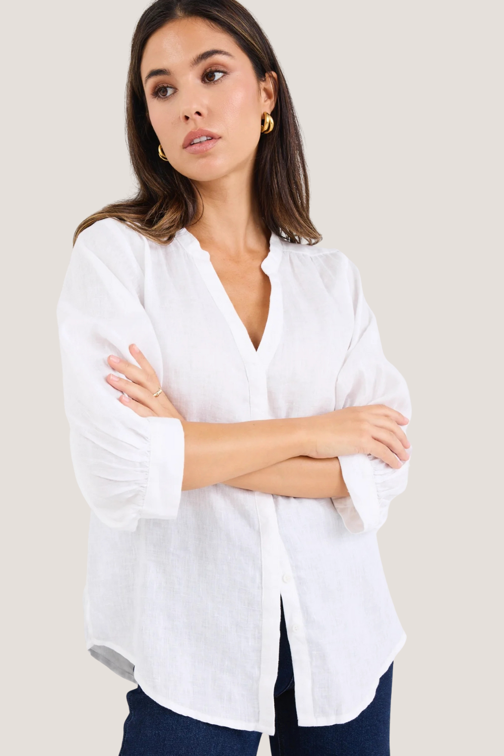 Deity White Linen Button Through Puff Sleeve Ss Blouse