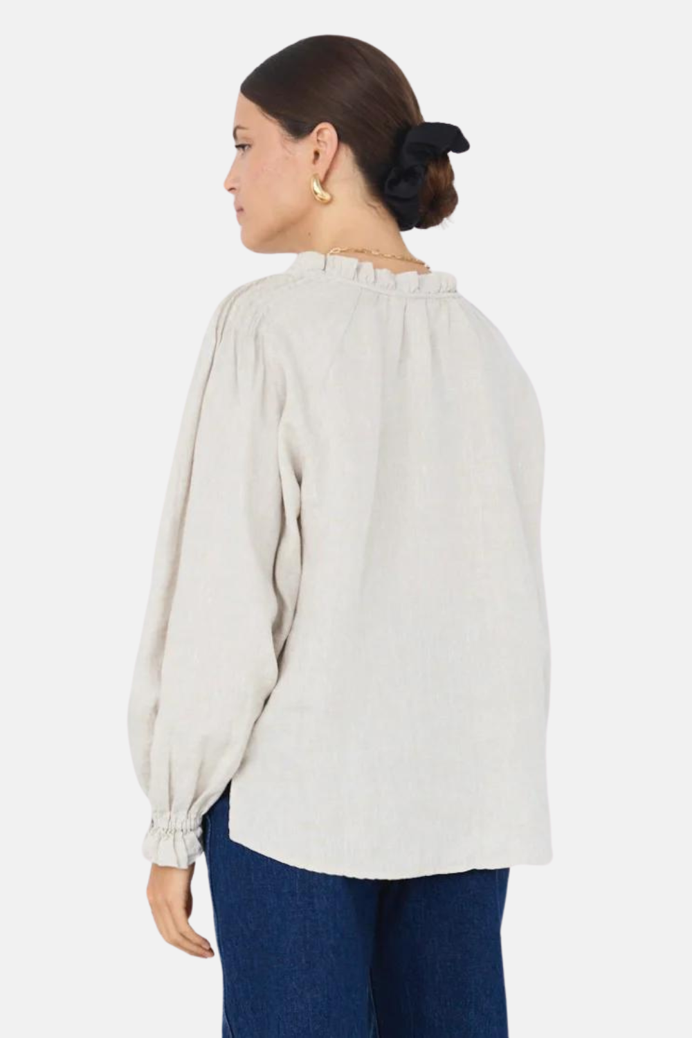 Birch Natural Linen Pintuck Shoulder Tie Neck Top