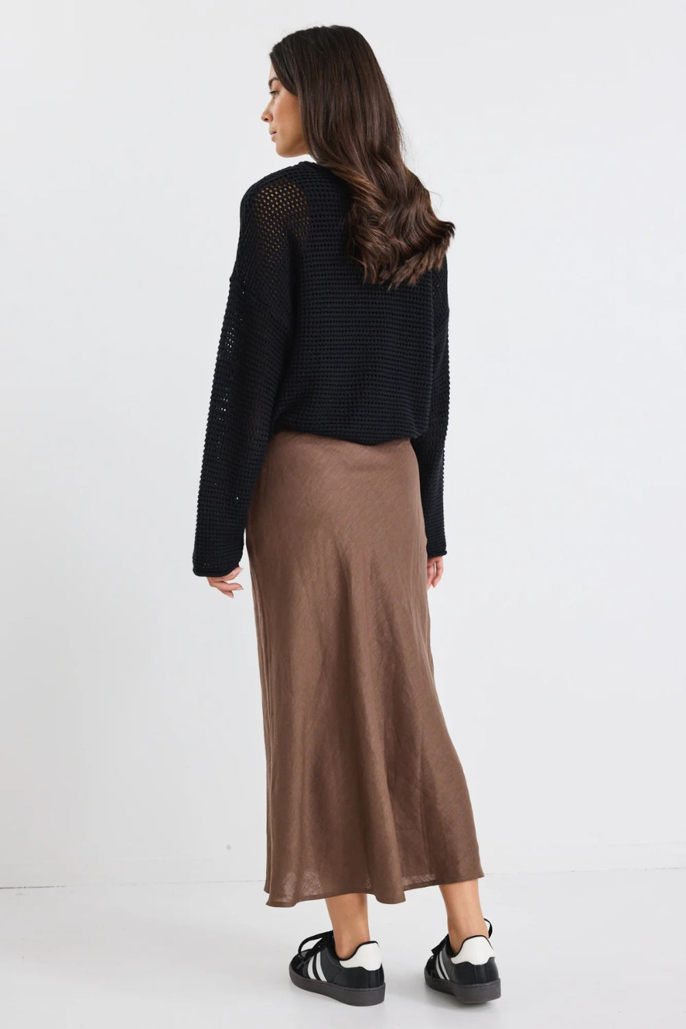 Bliss Dark Chocolate Linen Bias Midi Skirt