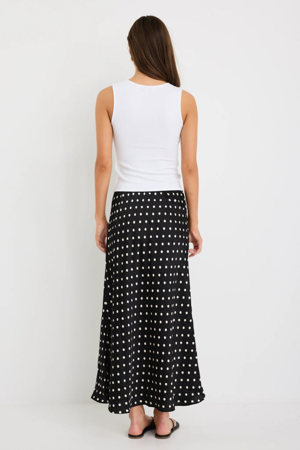 Rarity Black White Polka Dot Satin Tie Waist Bias Maxi Skirt
