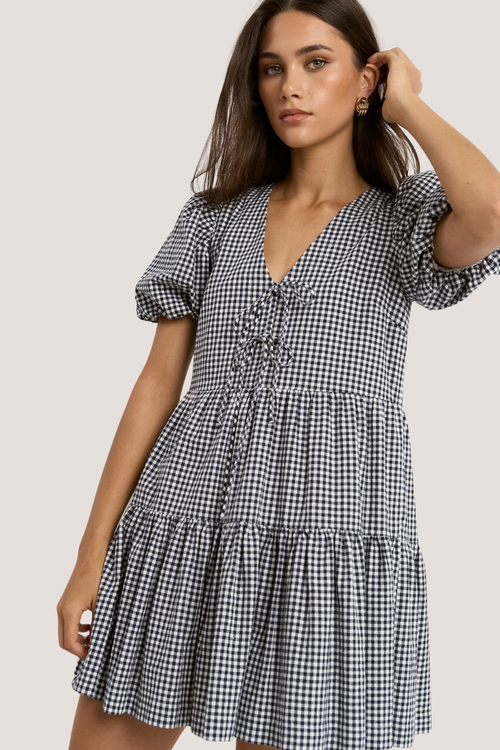 Roam Navy Gingham Puff Sleeve Tie Front Mini Dress