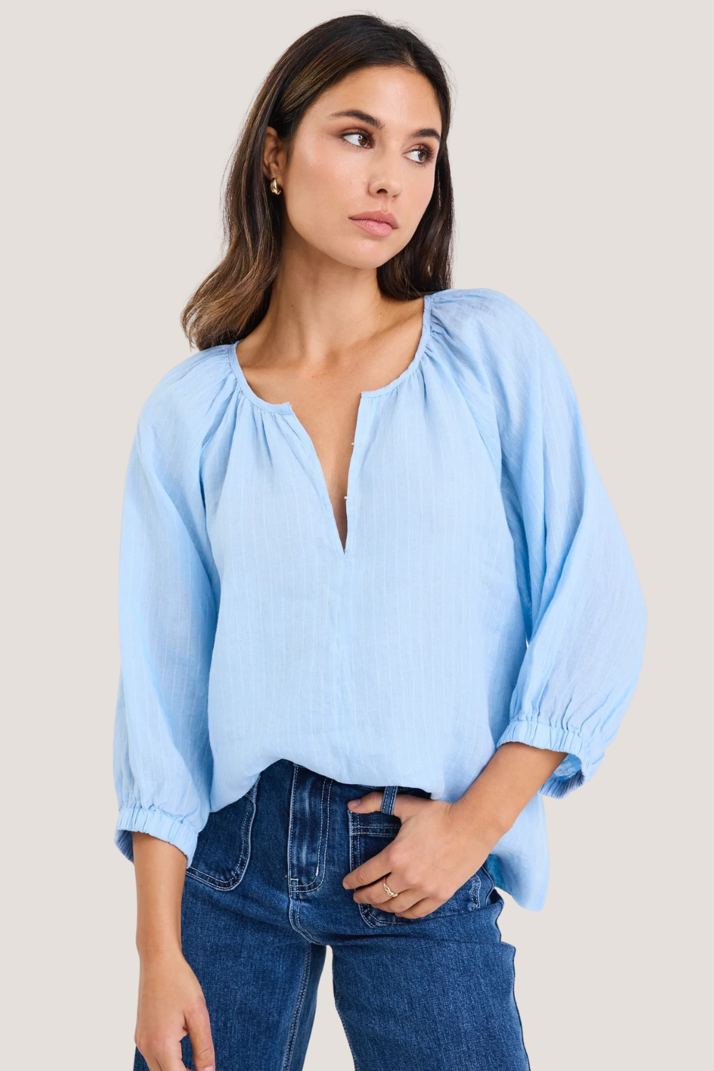 Revolutionary Sky Blue Stripe Linen Relaxed LS Top