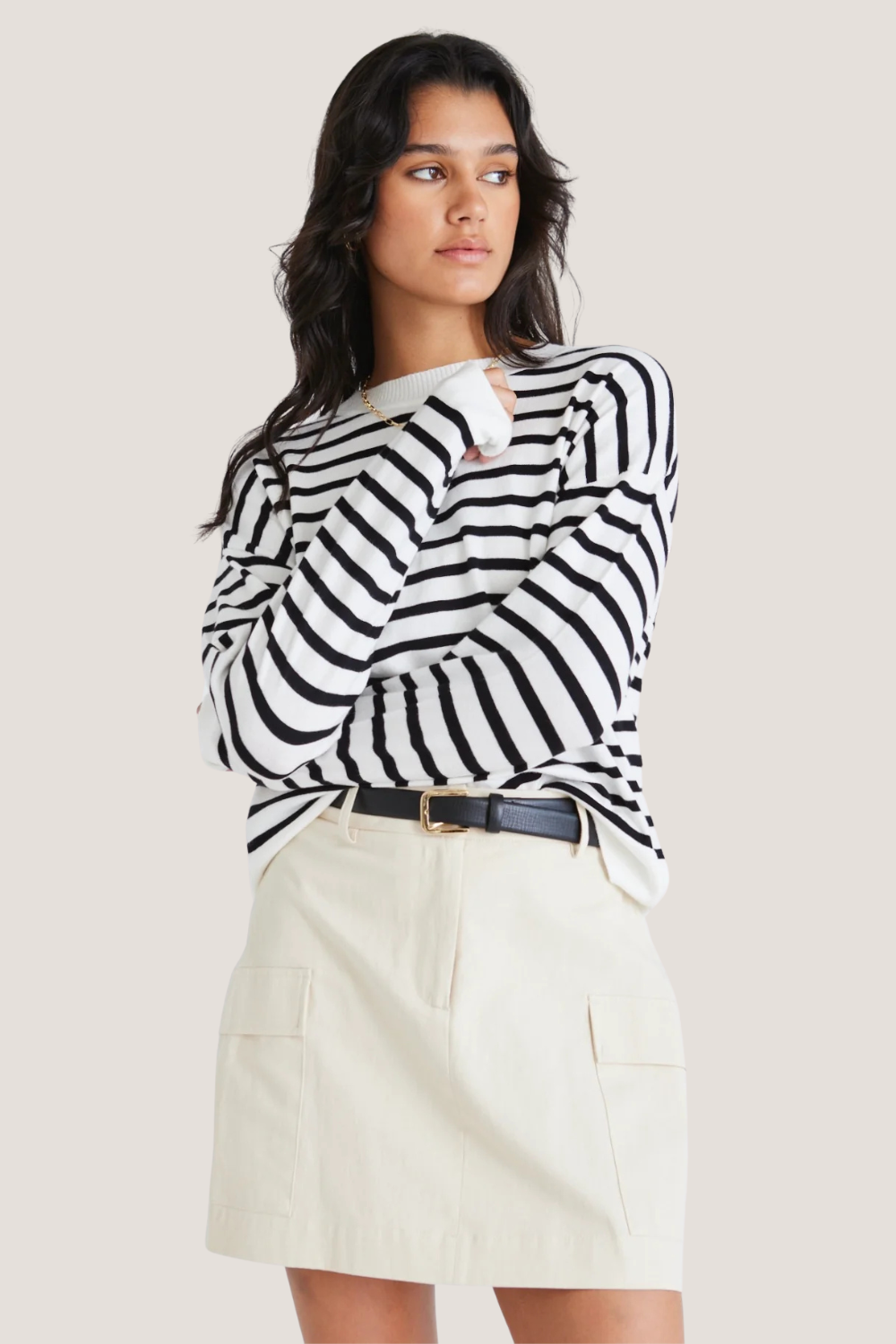 Clear Breton White Black Stripe Crew Neck Jumper