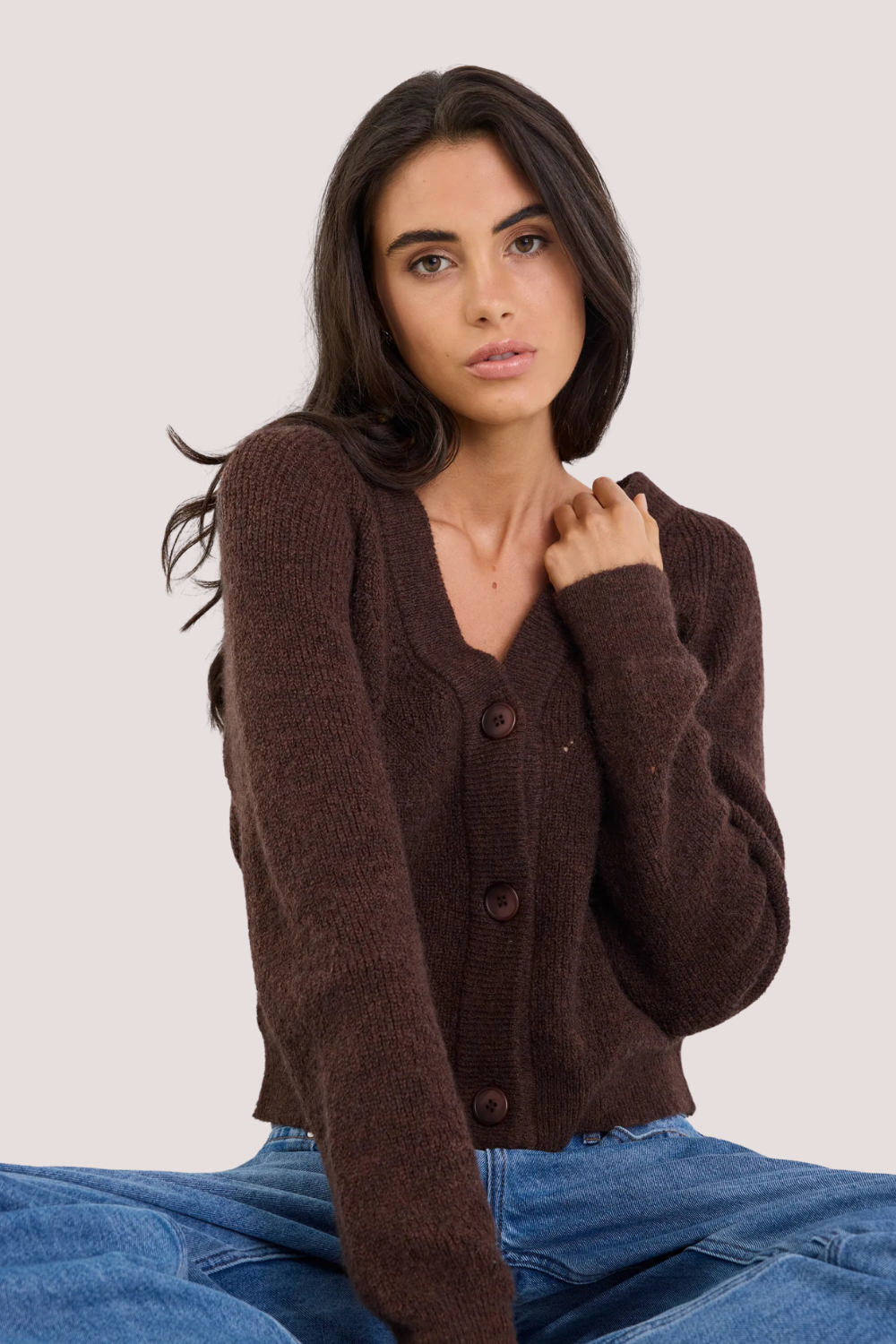 Essence Chocolate V Neck Rib Knit Cardigan