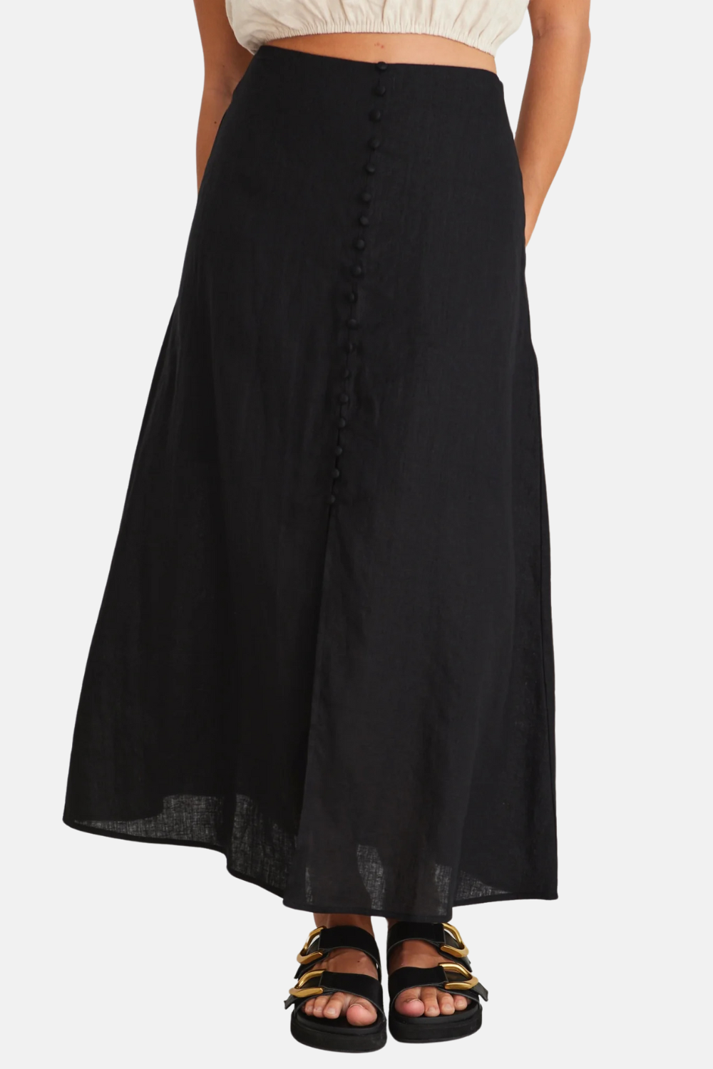 Mercy Black Linen Button Front Aline Skirt