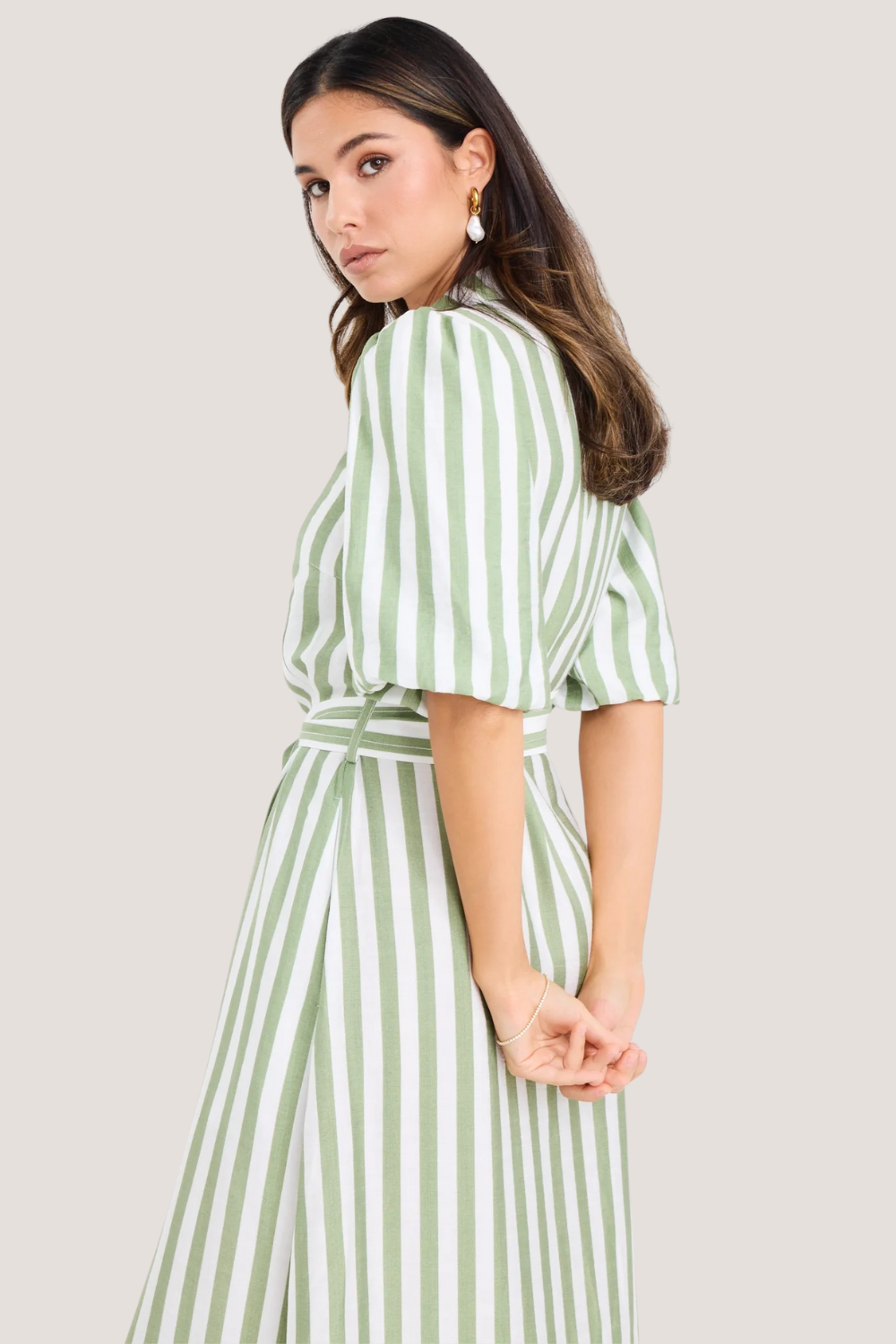 Kindred Moss Stripe Puff Sleeve Midi Shirt Dress