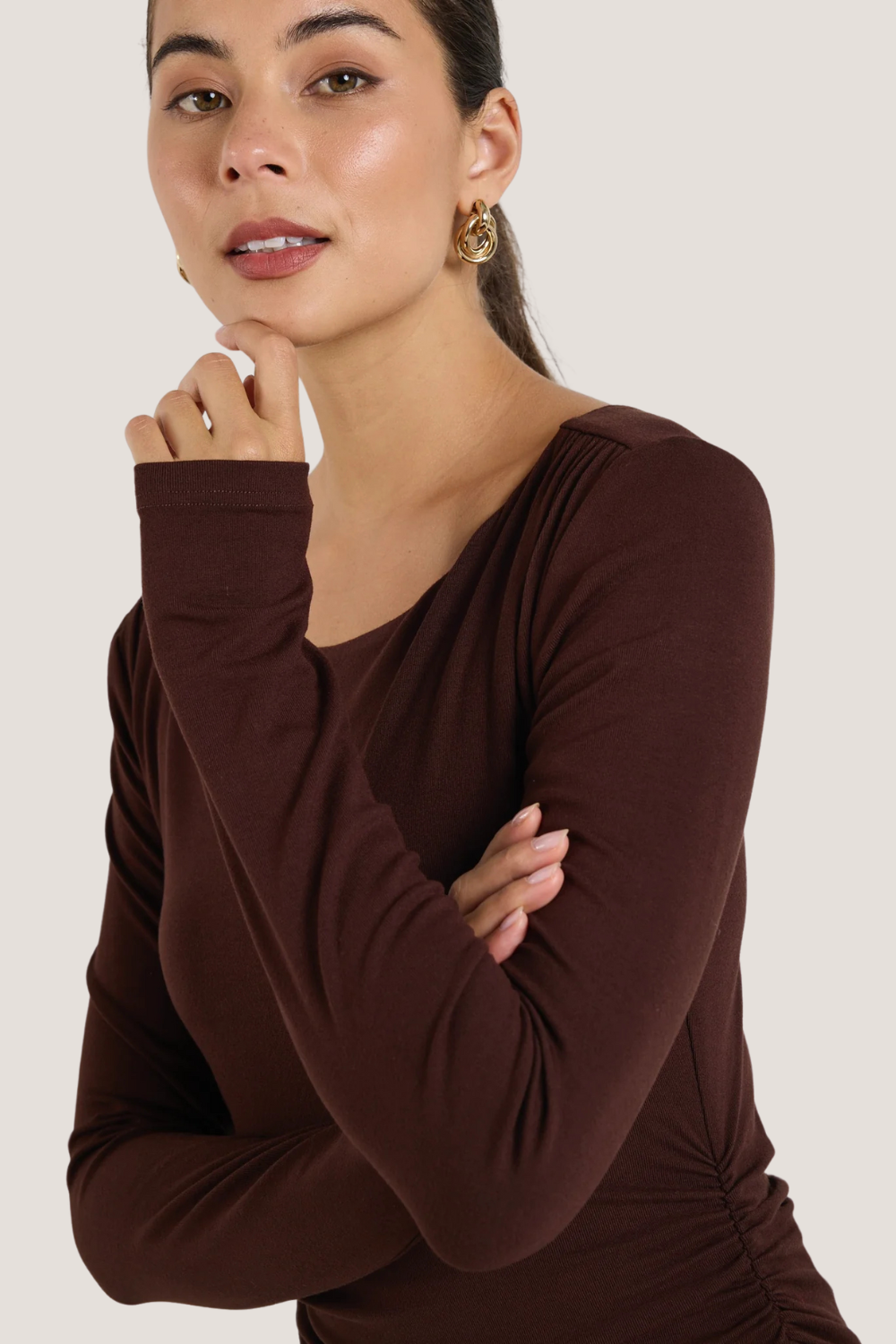 Vertigo Dark Chocolate Jersey LS Midi Dress