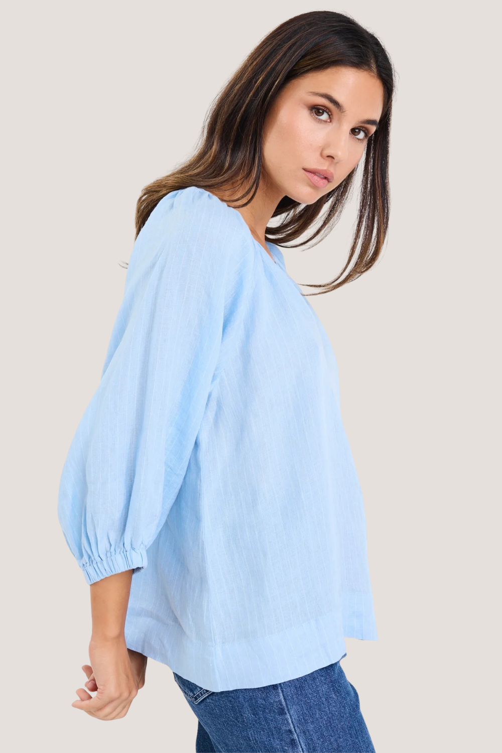 Revolutionary Sky Blue Stripe Linen Relaxed LS Top