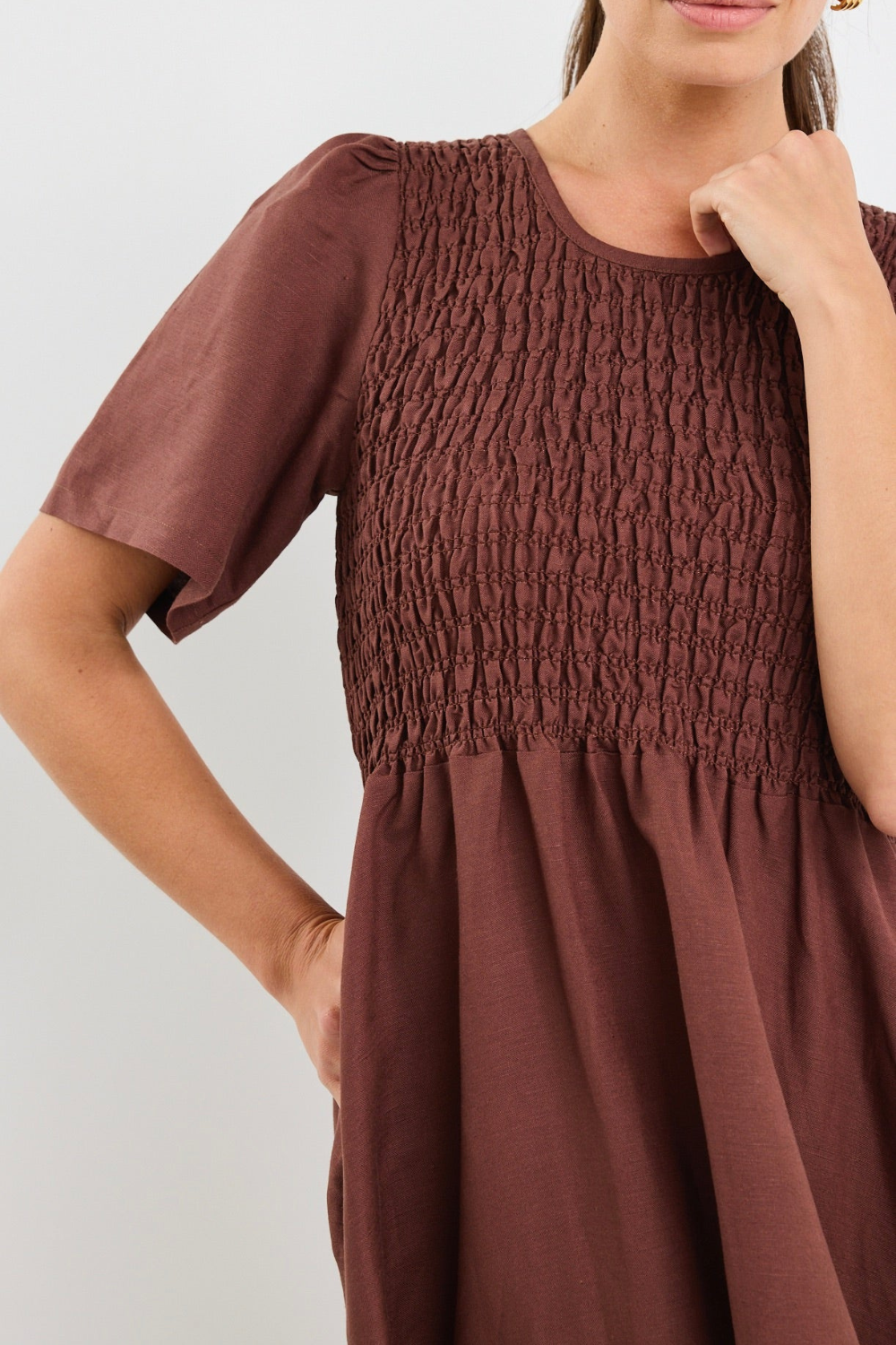 Wren Chocolate Linen Blend SS Shirred Bodice Midi Dress