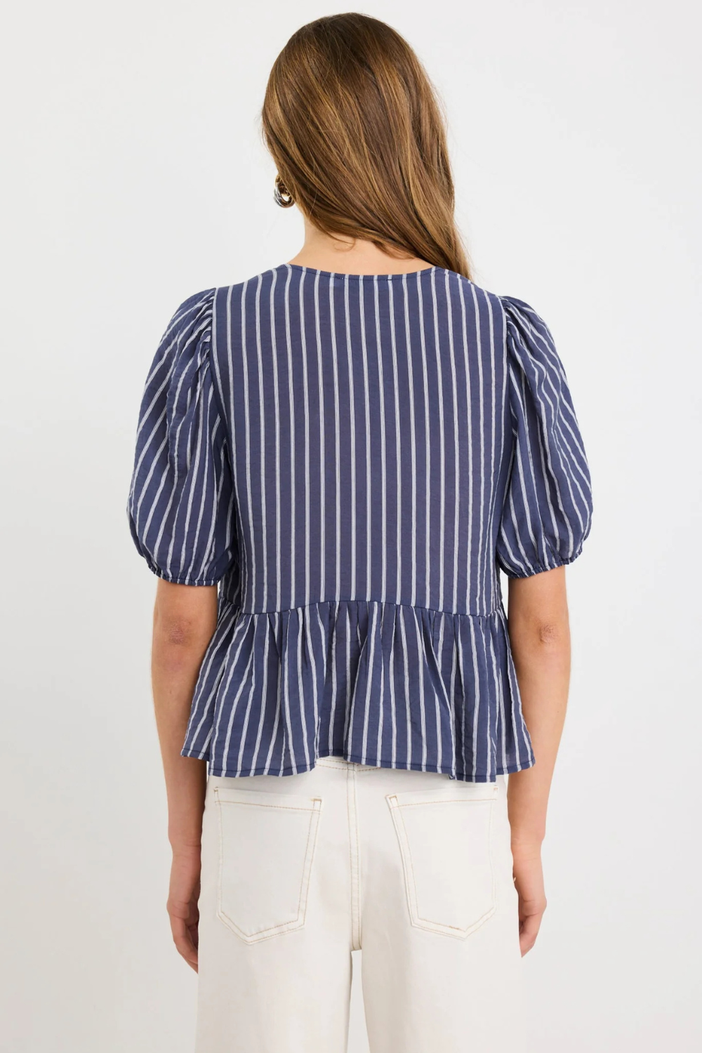 Restore Navy Stripe Tie Front Peplum SS Top