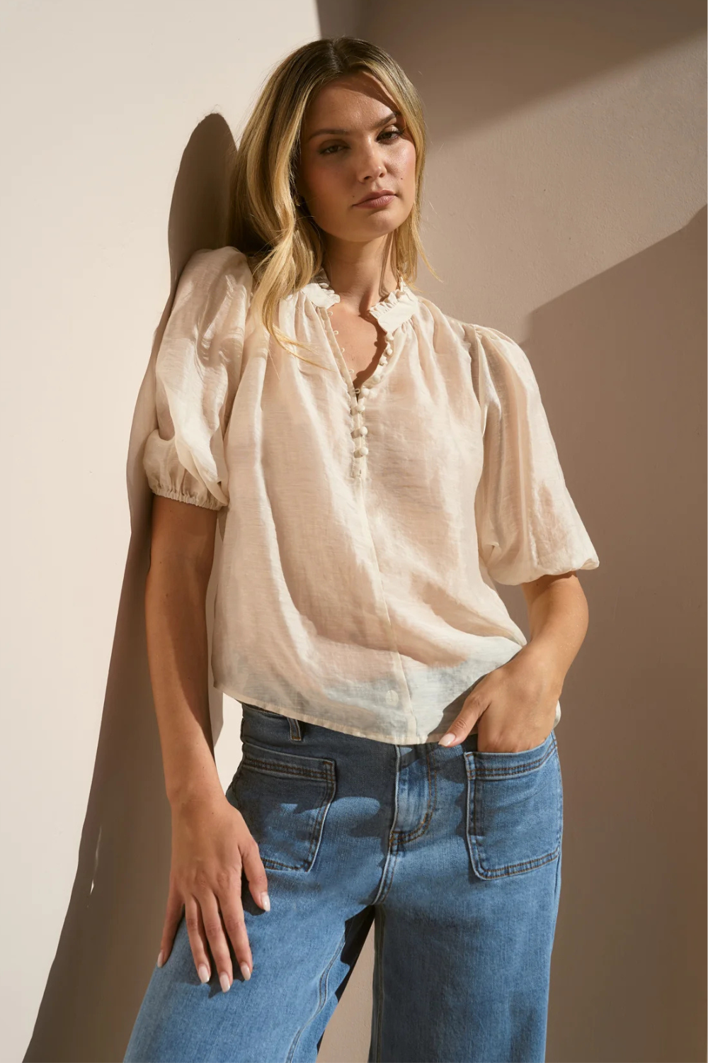 Closure Ivory Sheer High Neck Buttoned SS Top