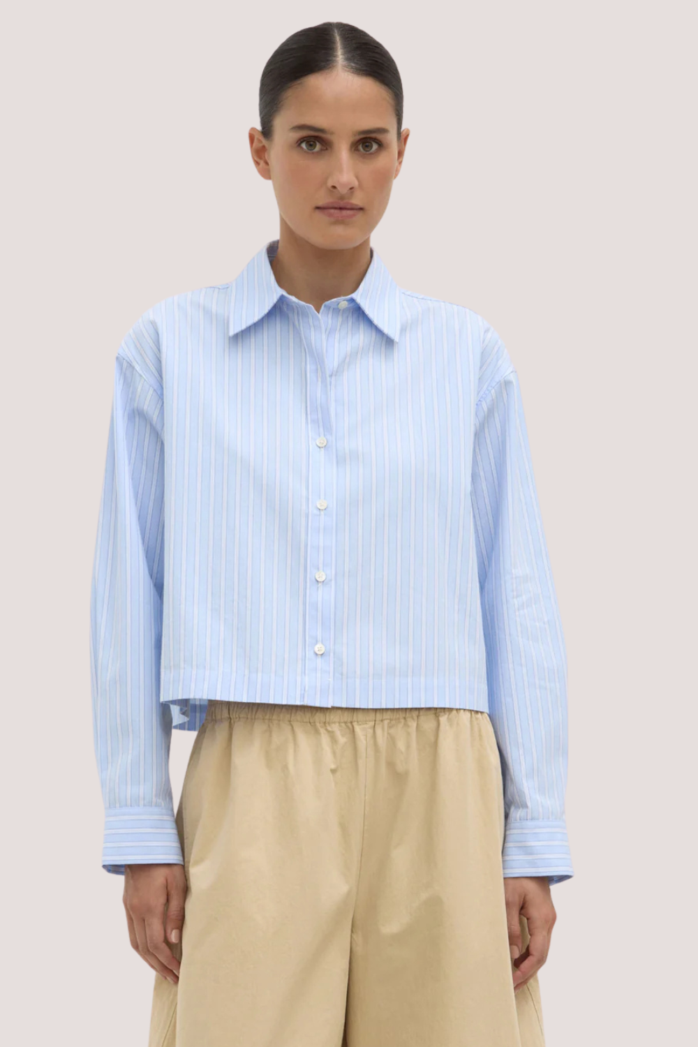 Tessa Poplin Cropped Long Sleeve Shirt | Blue Stripe