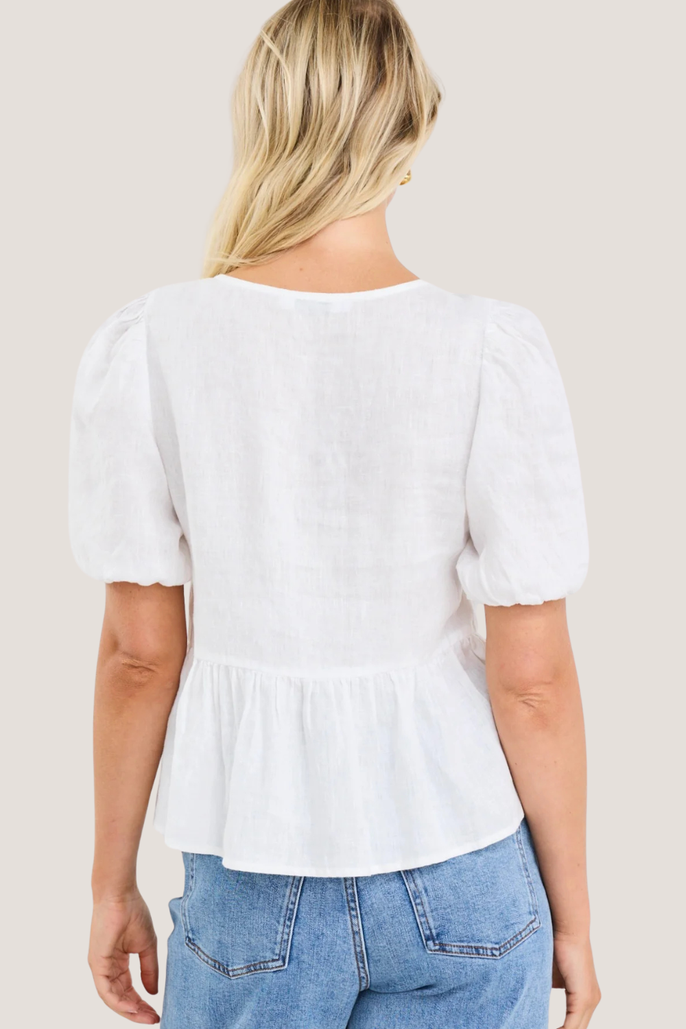 Restore Ivory Linen Tie Front Peplum SS Top
