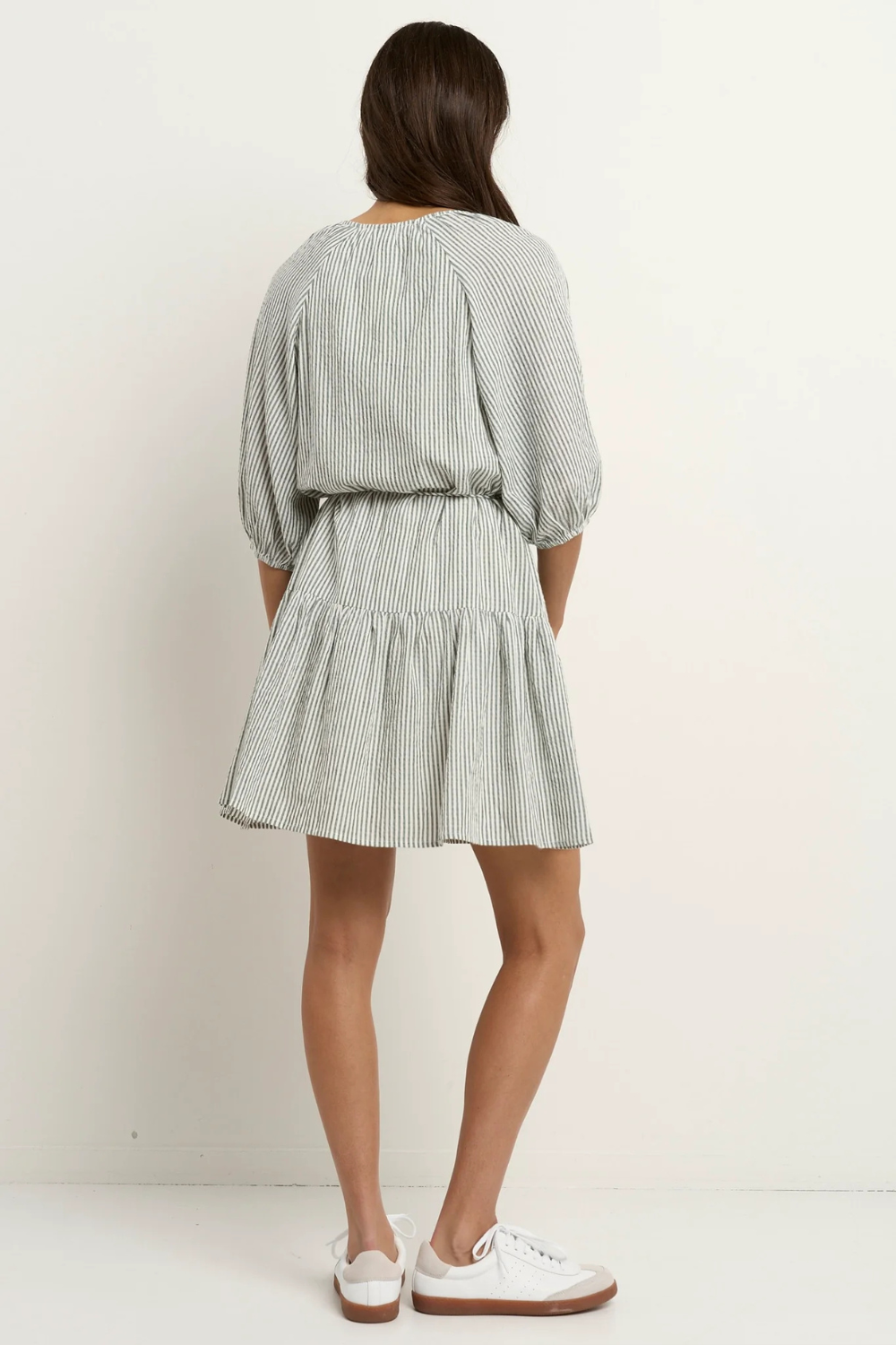 Switch Khaki Stripe Puff Sleeve Button Front Mini Dress