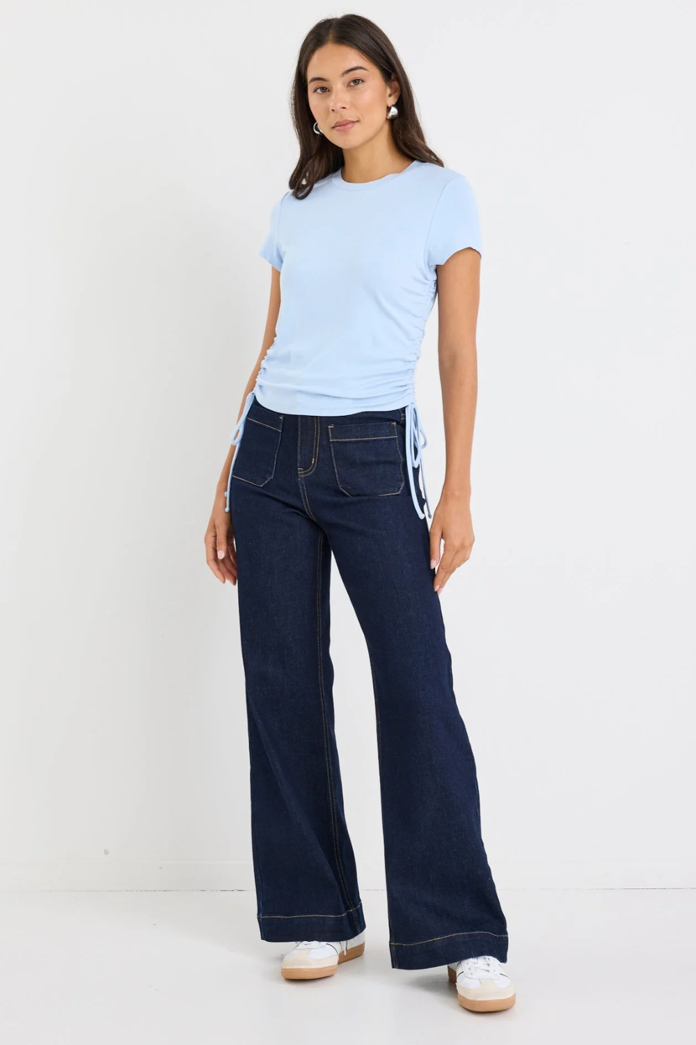 Perfect Pale Blue Rib Rouched Side Crop Tee
