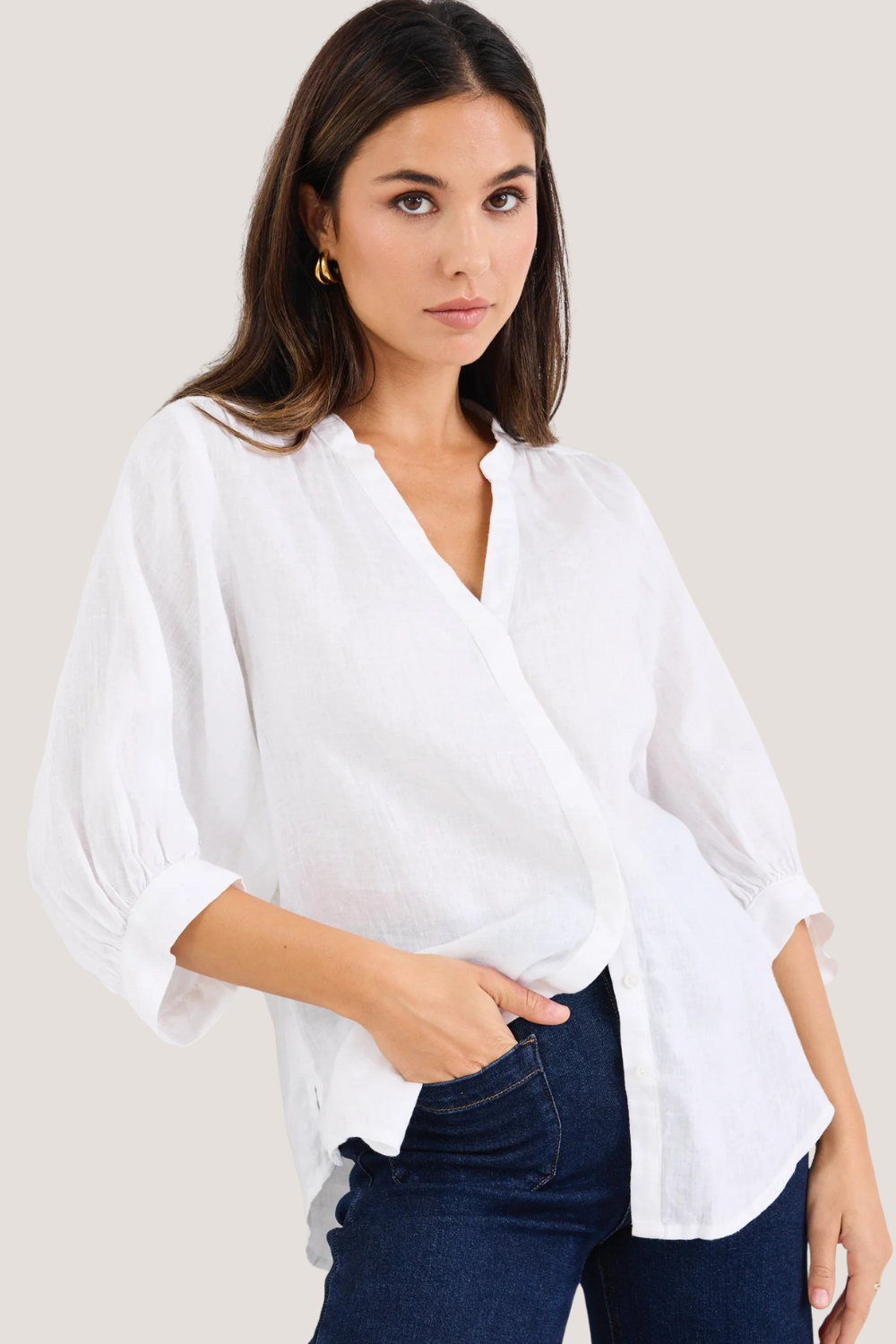Deity White Linen Button Through Puff Sleeve Ss Blouse