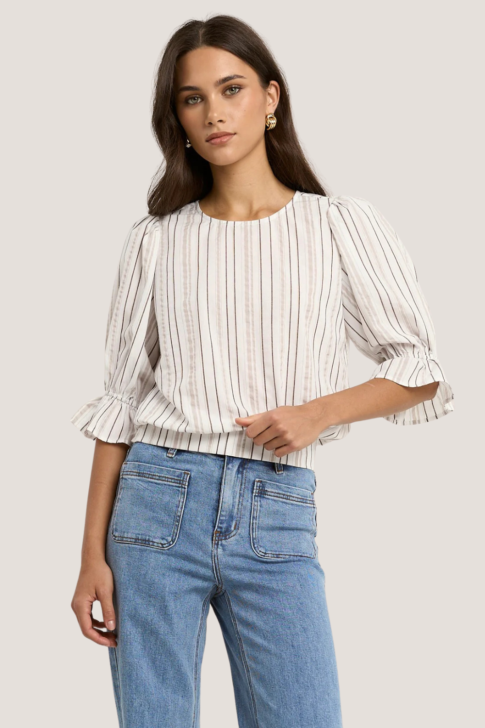 Lovely Chocolate Stripe Shirred Back SS Top