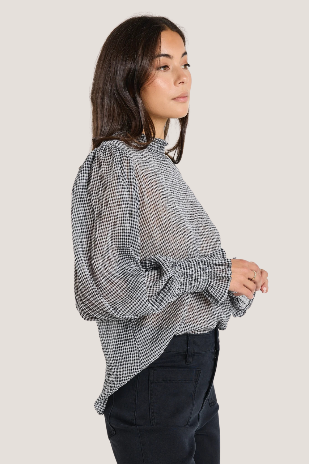 Emphatic Black Gingham Crinkle Shirred Neck LS Top