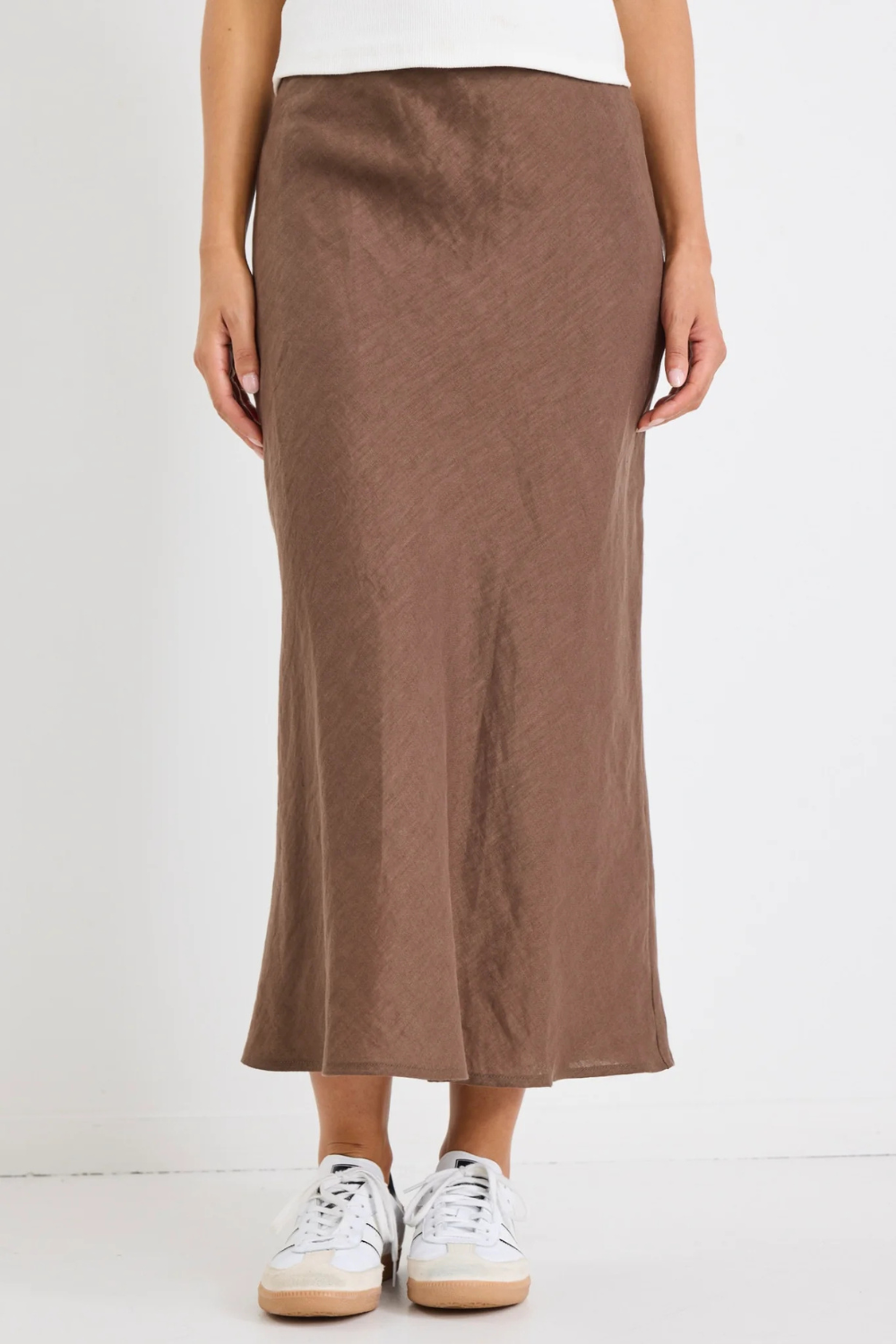 Bliss Dark Chocolate Linen Bias Midi Skirt