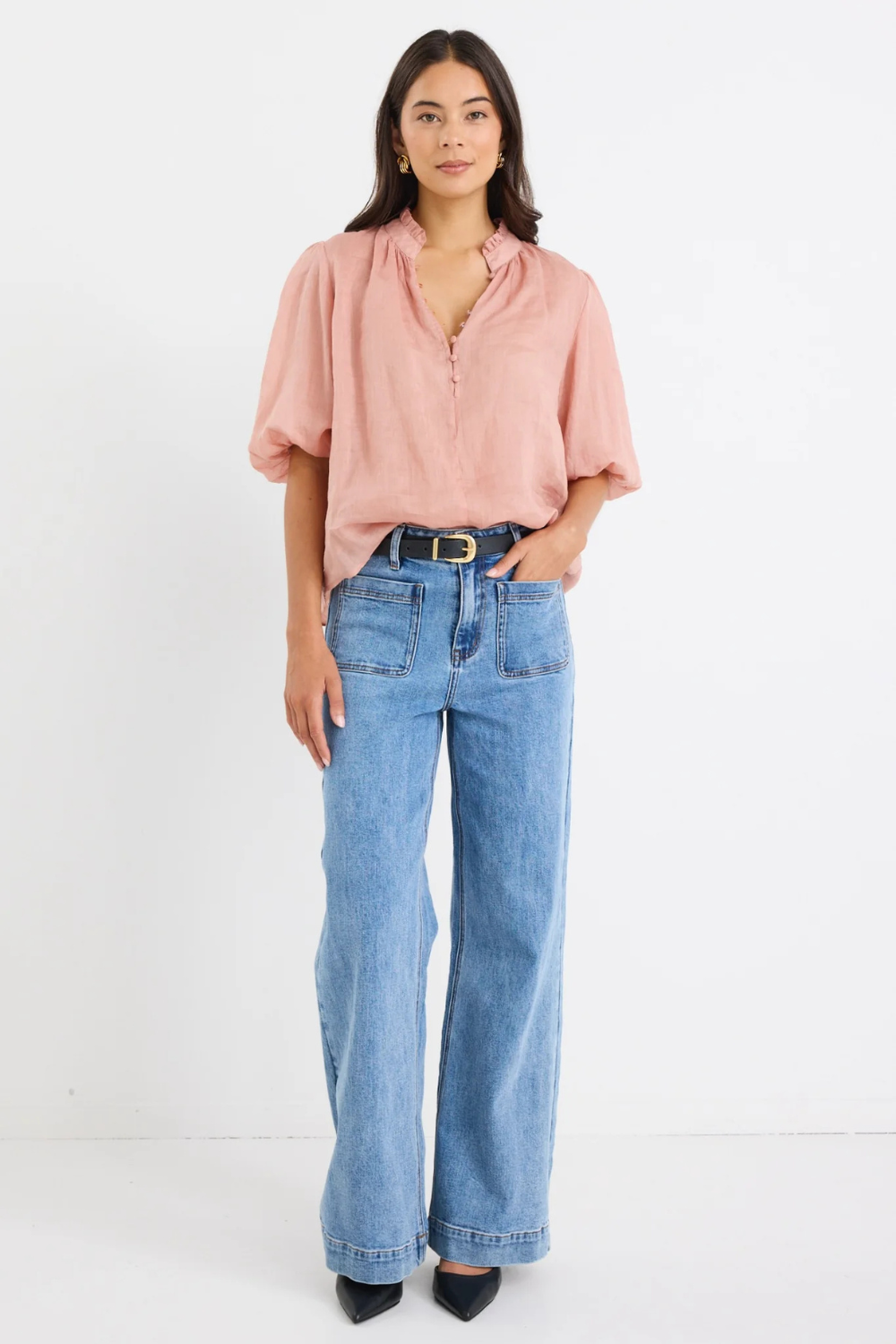 Closure Blush Ramie High Neck Buttoned SS Top