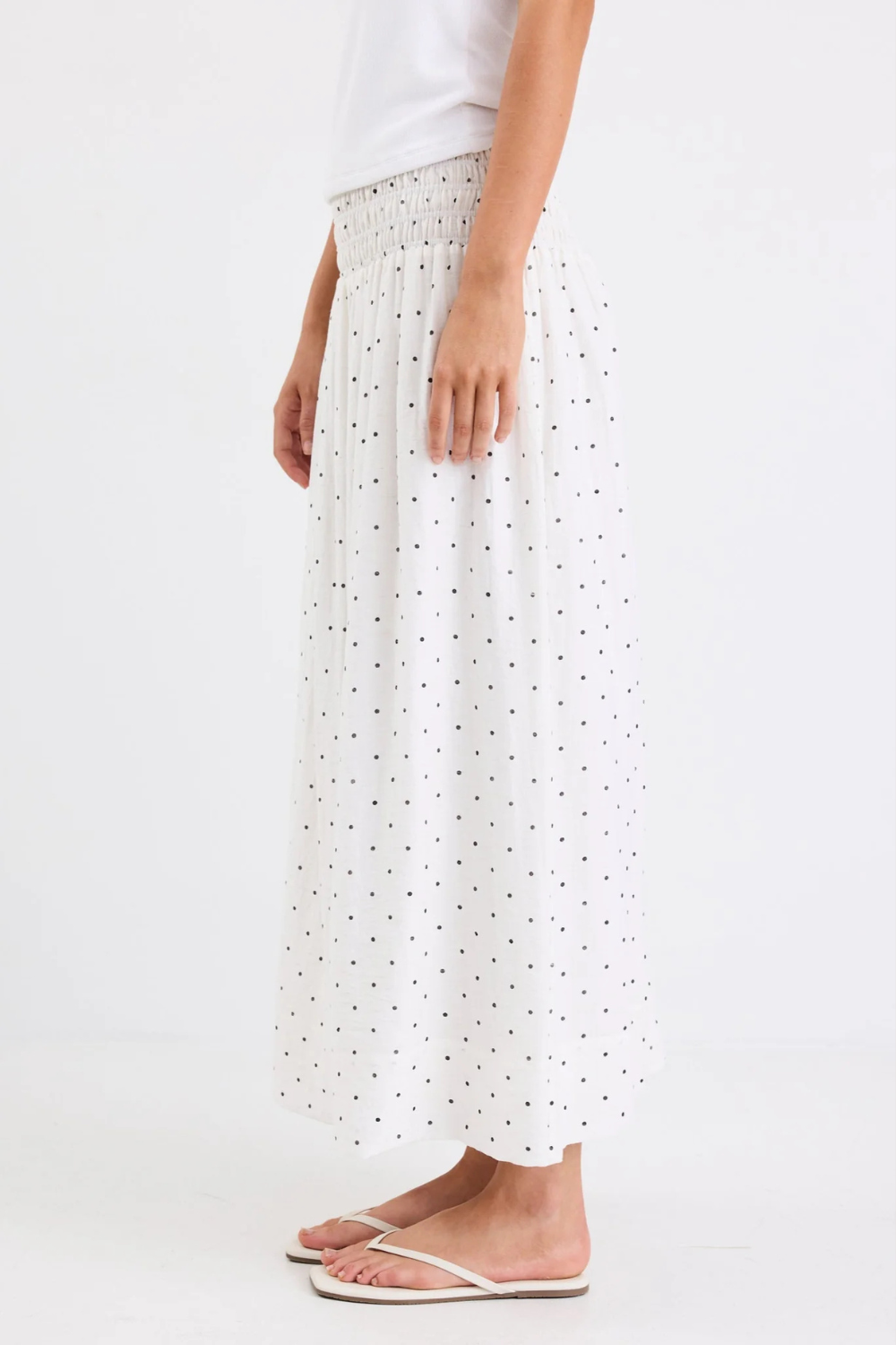 Wanderlust Cream Polka Dot Shirred Waist Maxi Skirt