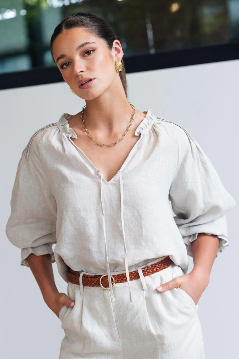 Birch Natural Linen Pintuck Shoulder Tie Neck Top
