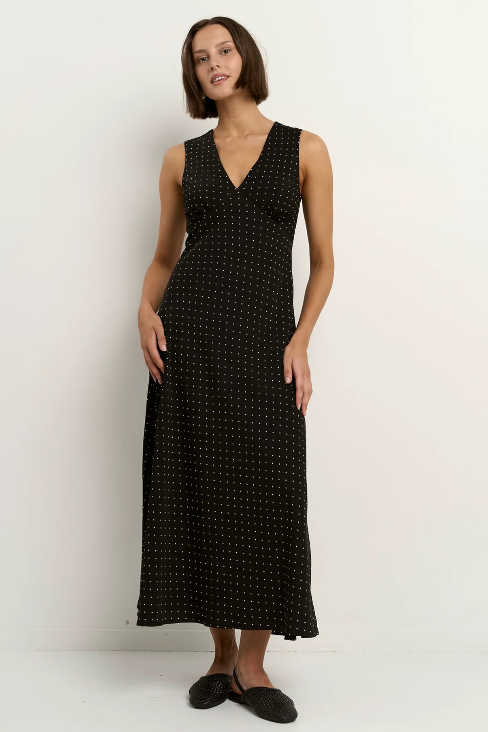 Aston Black Ditsy Polka Dot Satin Bias Flared Maxi Dress