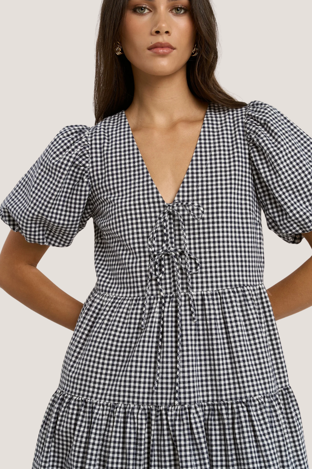 Roam Navy Gingham Puff Sleeve Tie Front Mini Dress
