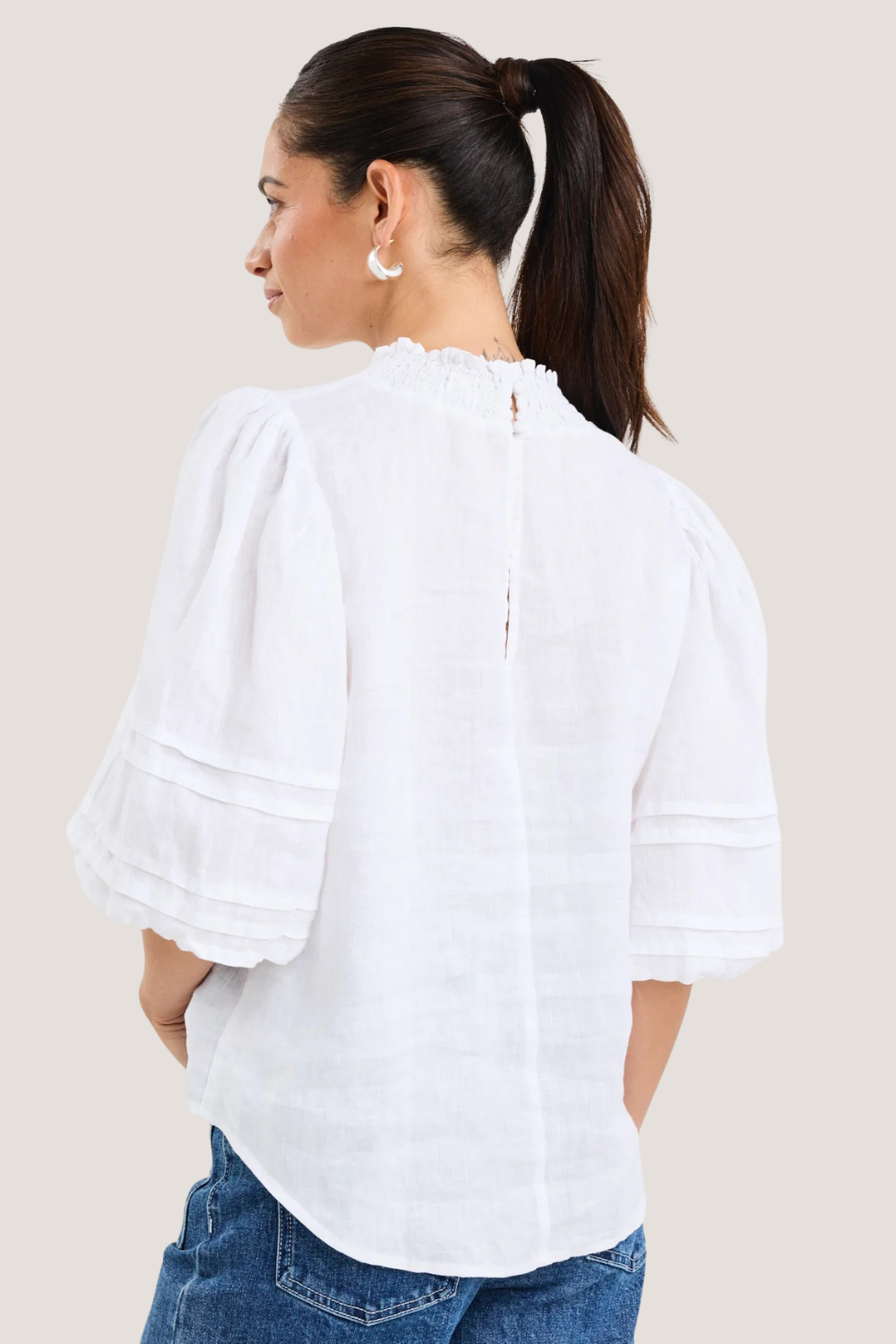 Polished Ivory Linen High Neck Pleat Sleeve Top