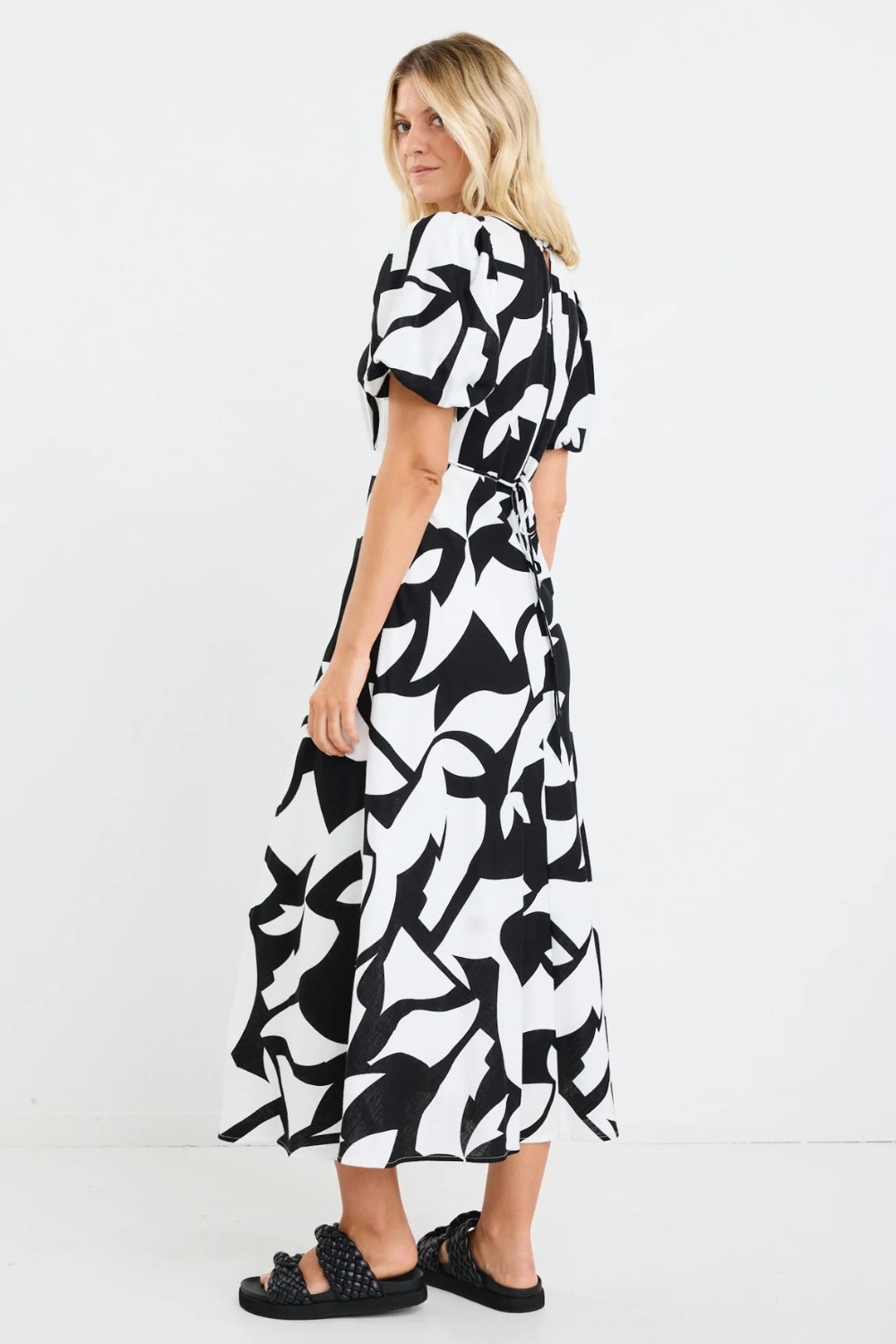 Stage Black Ivory Cut Out Print Puff Sleeve Floaty Maxi Dress