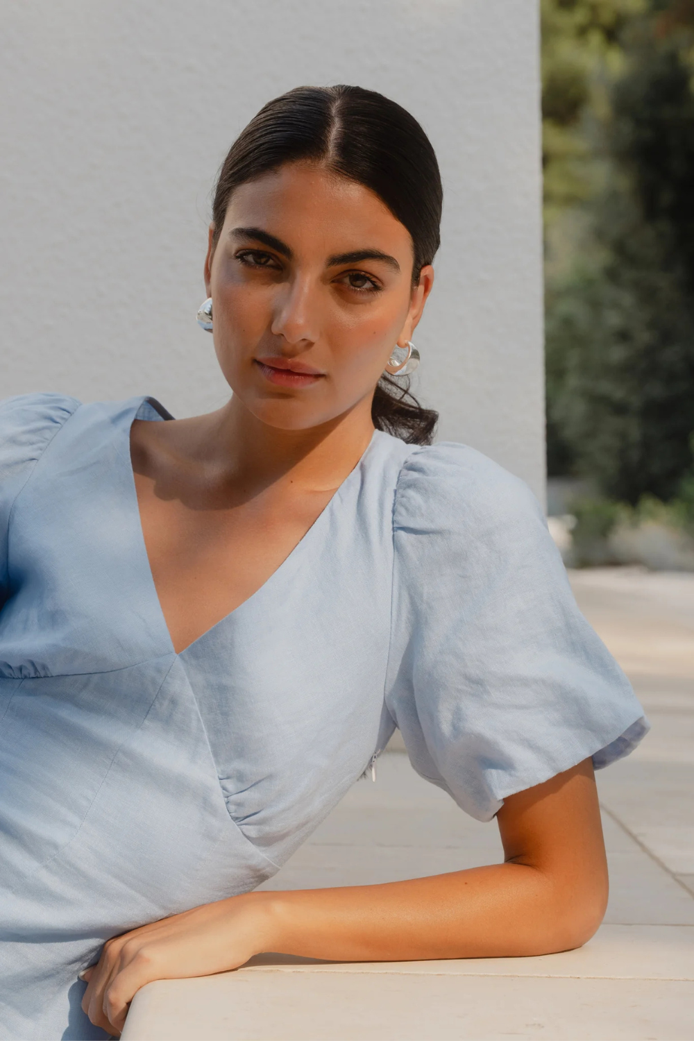 Adelaide Sky Blue Linen Puff Sleeve Paneled Mini Dress