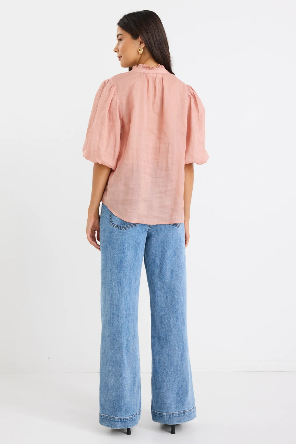 Closure Blush Ramie High Neck Buttoned SS Top