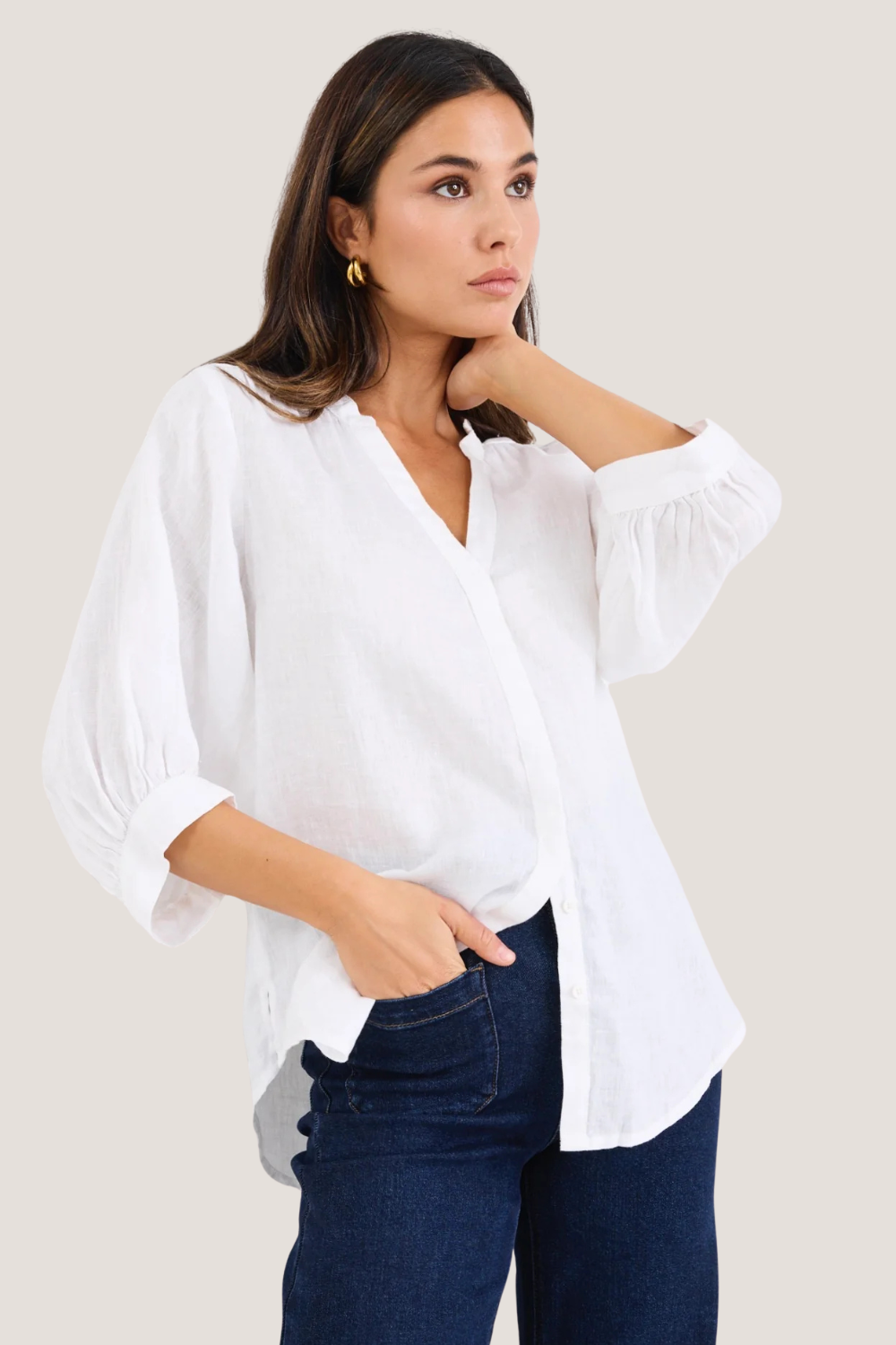 Deity White Linen Button Through Puff Sleeve Ss Blouse