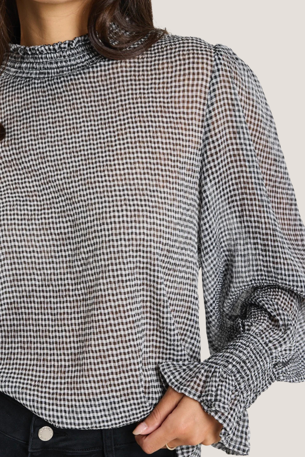Emphatic Black Gingham Crinkle Shirred Neck LS Top