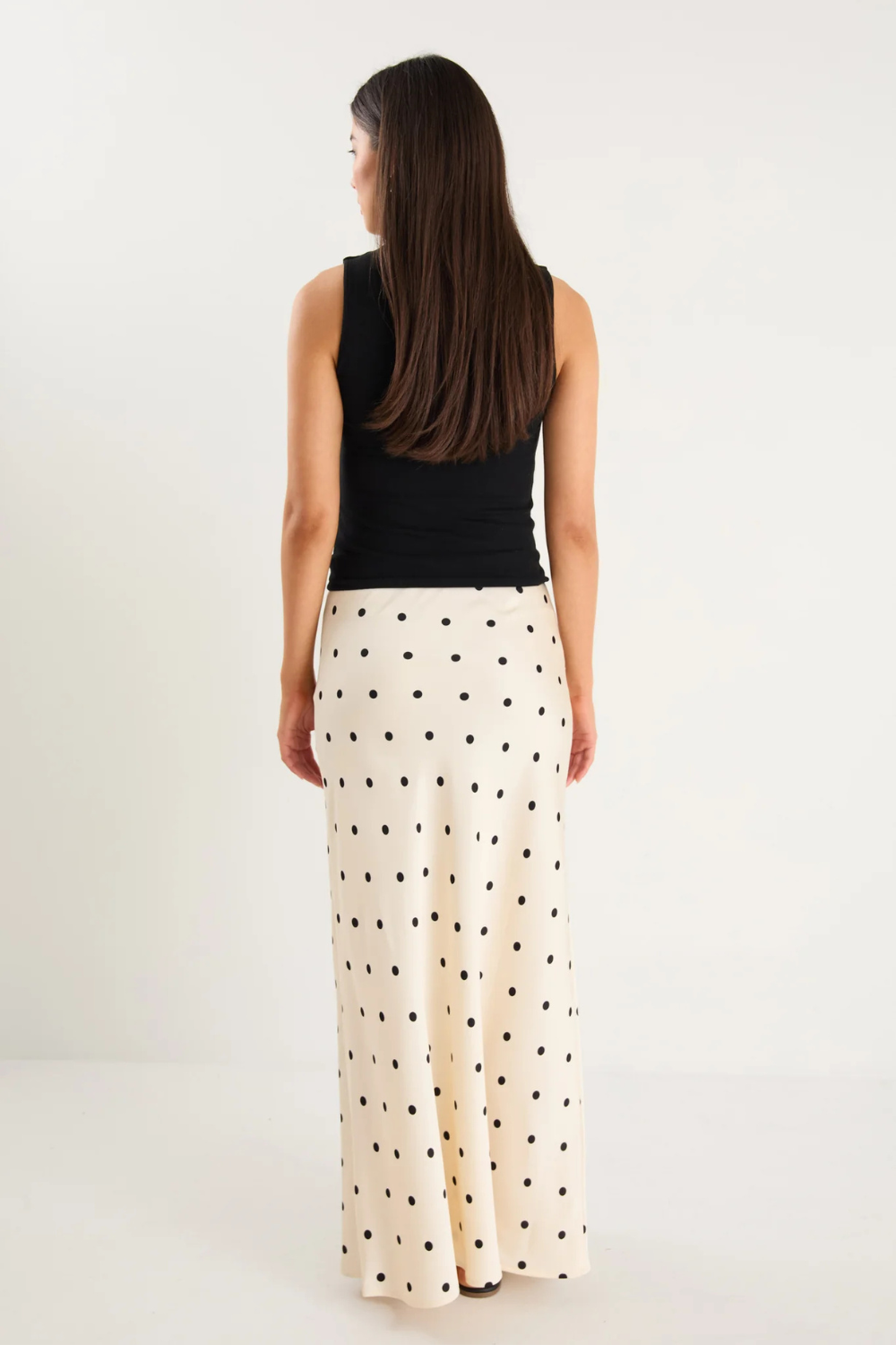 Prodigy Cream Black Polka Dot Satin Bias Cut Midi Skirt