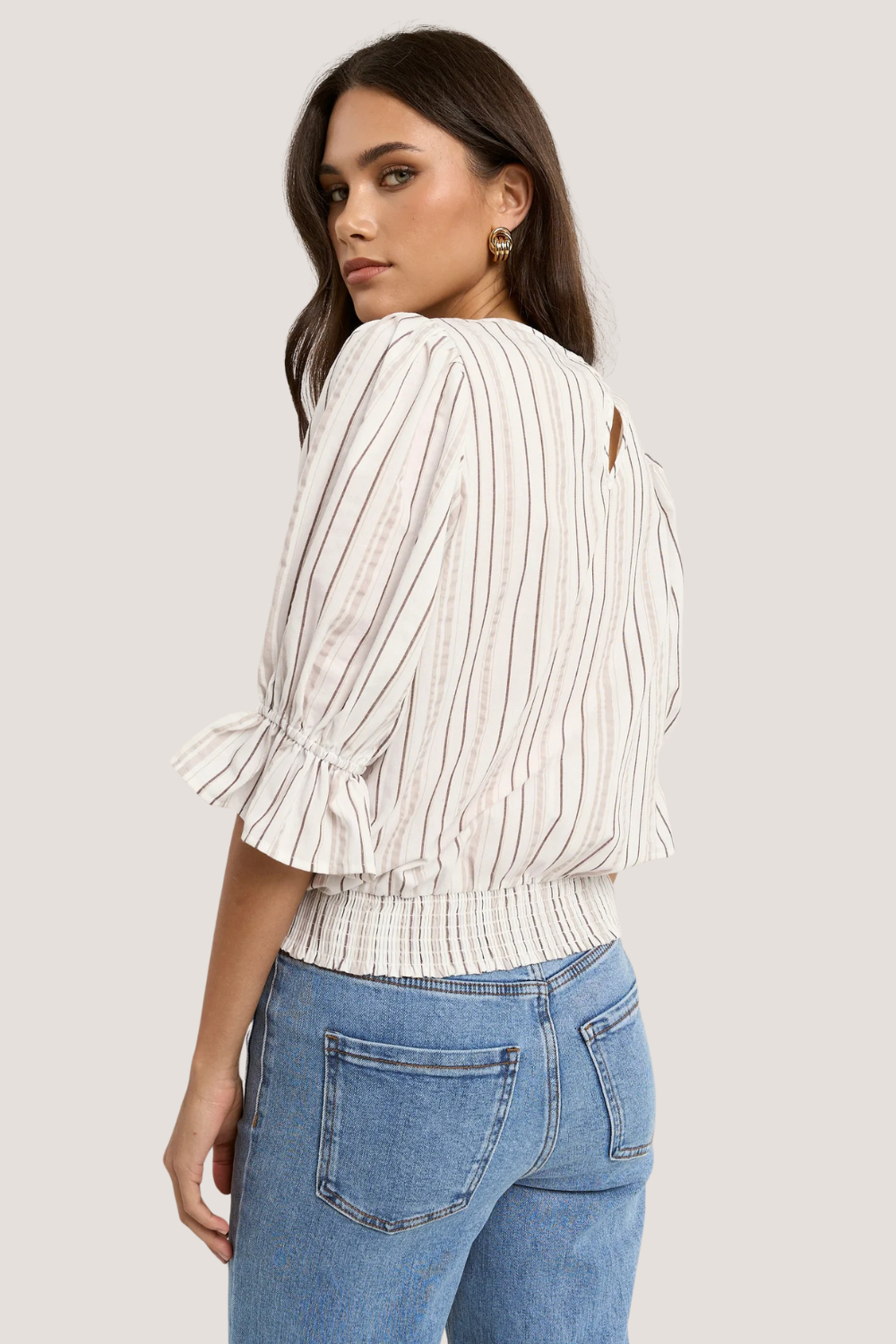 Lovely Chocolate Stripe Shirred Back SS Top