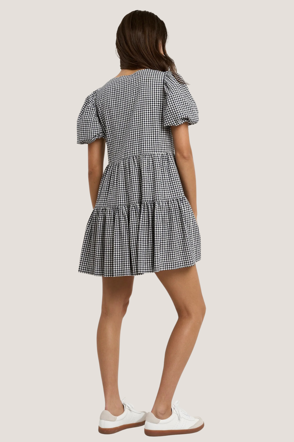 Roam Navy Gingham Puff Sleeve Tie Front Mini Dress