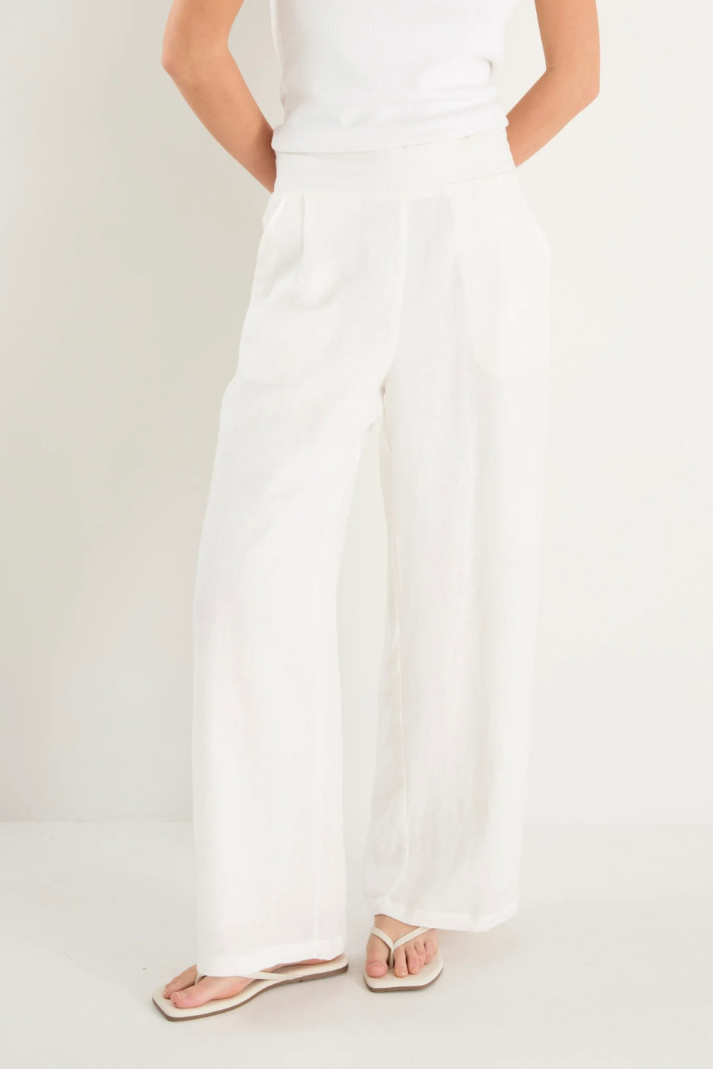 Guardian White Linen Viscose Pleat Front Wide Leg Pant