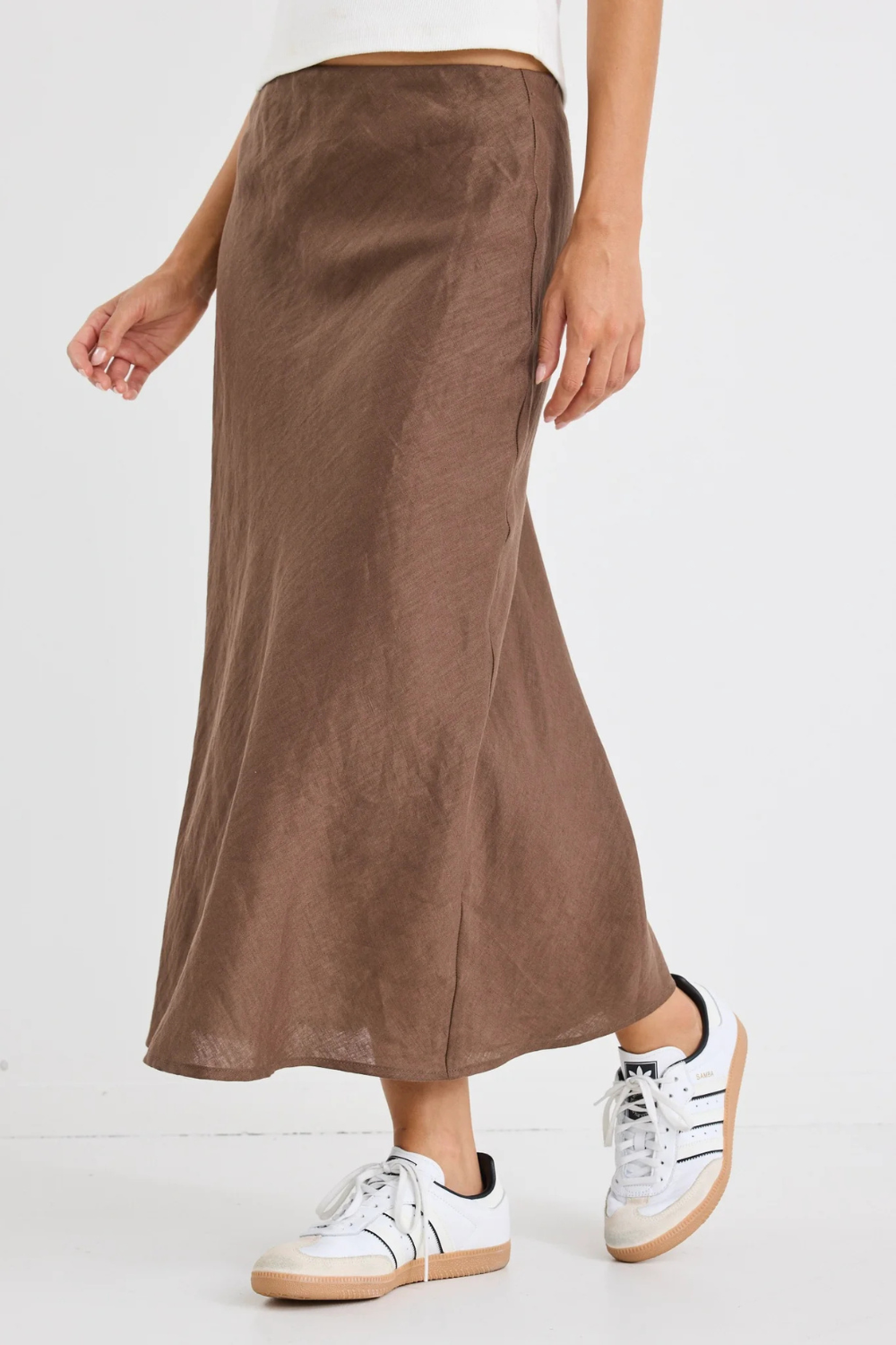 Bliss Dark Chocolate Linen Bias Midi Skirt