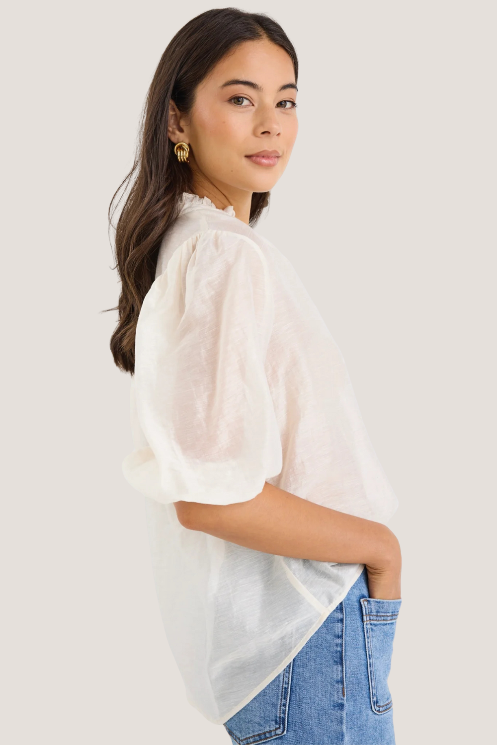 Closure Ivory Sheer High Neck Buttoned SS Top
