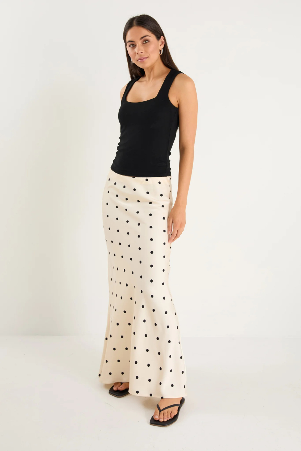Prodigy Cream Black Polka Dot Satin Bias Cut Midi Skirt