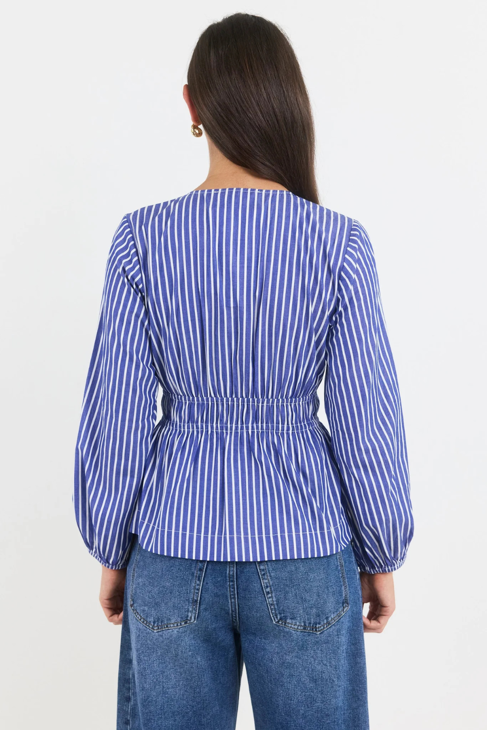 Belief Blue Stripe V Neck Fit and Flare Long Sleeve Top