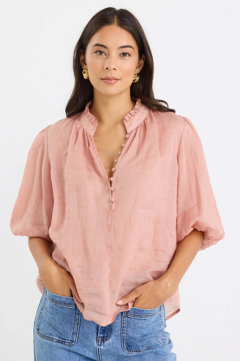 Closure Blush Ramie High Neck Buttoned SS Top