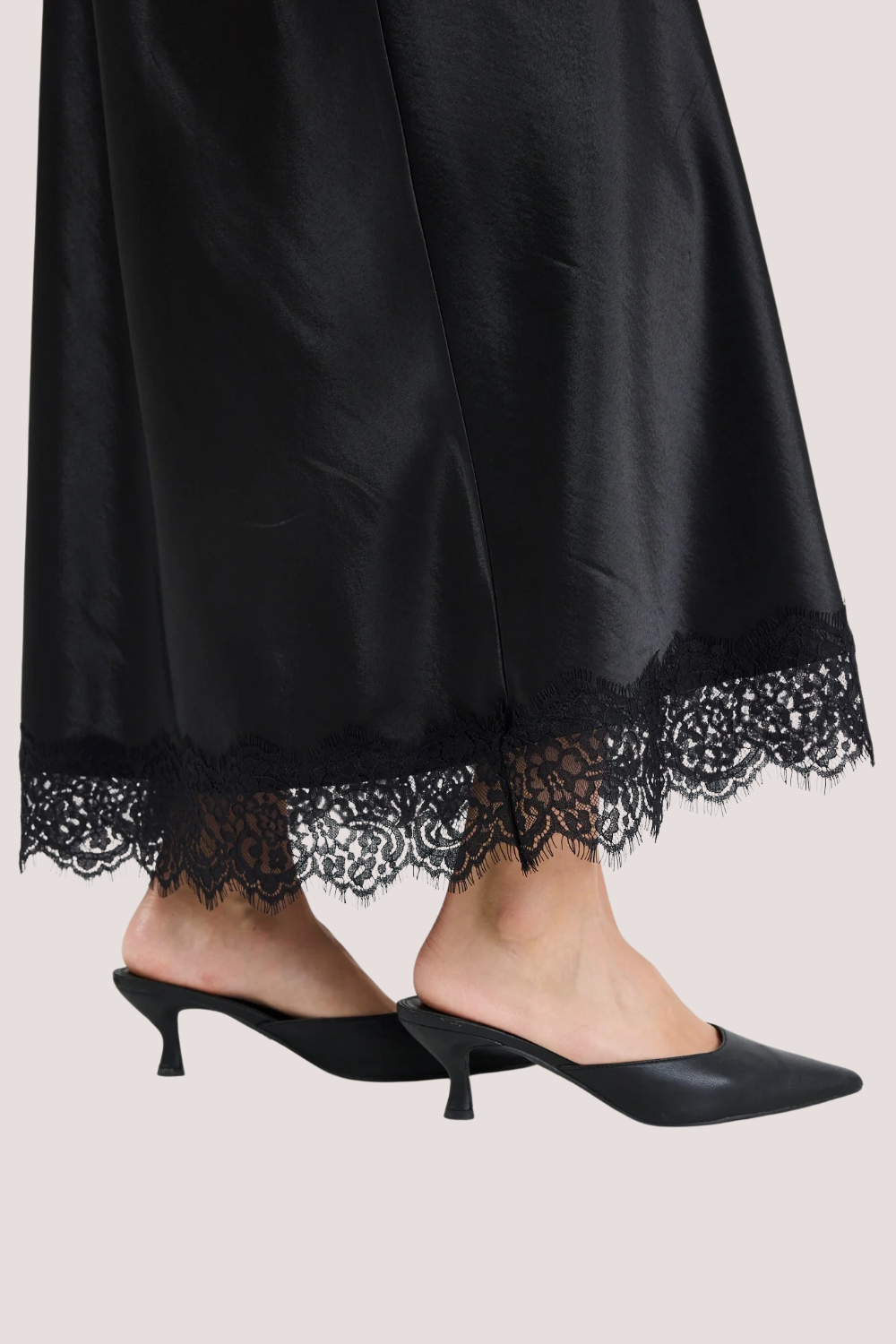 Margarita Black Satin Lace Trim Bias Maxi Skirt