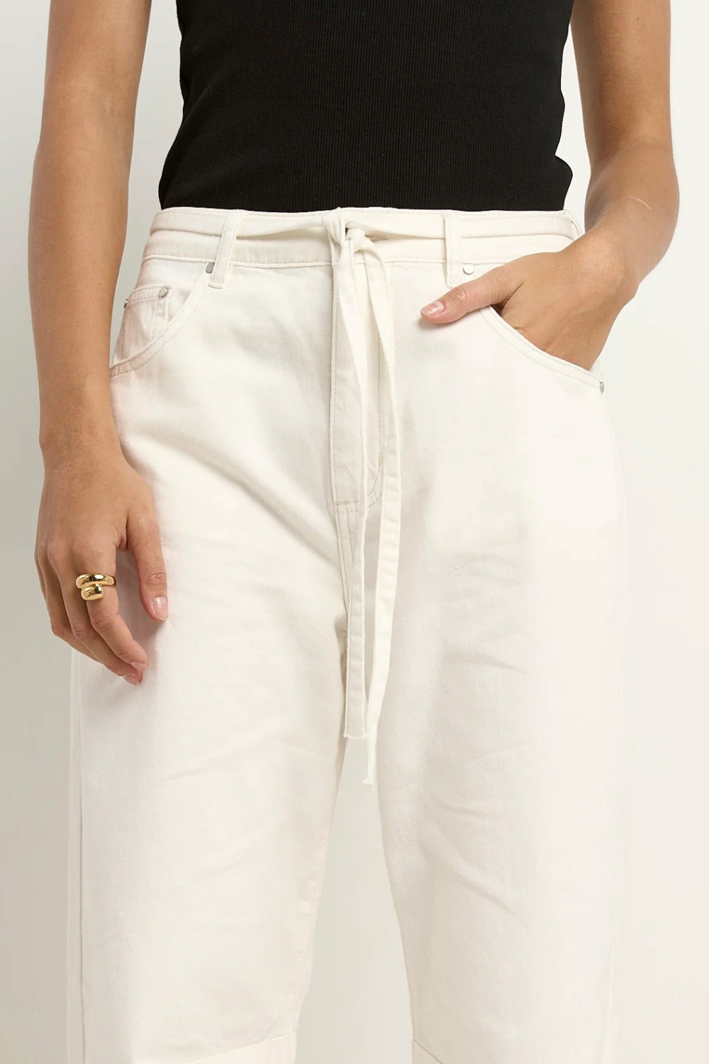 Campus Ecru Tie Waist Barrel Jeans