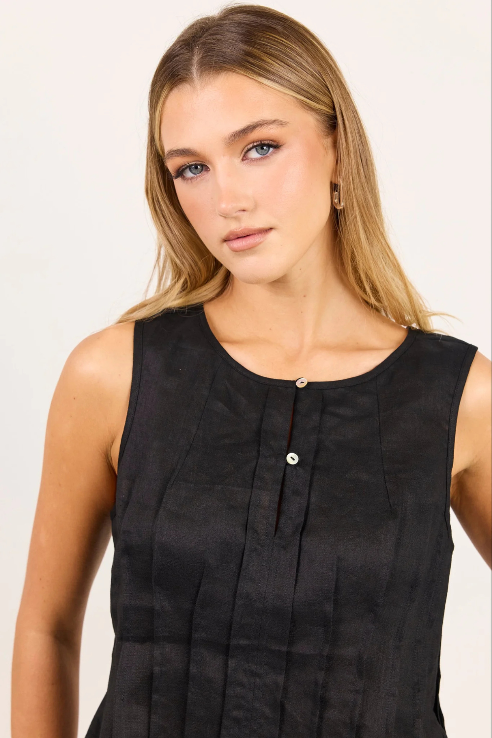 Encourage Black Linen Pintuck Front Boatneck Top