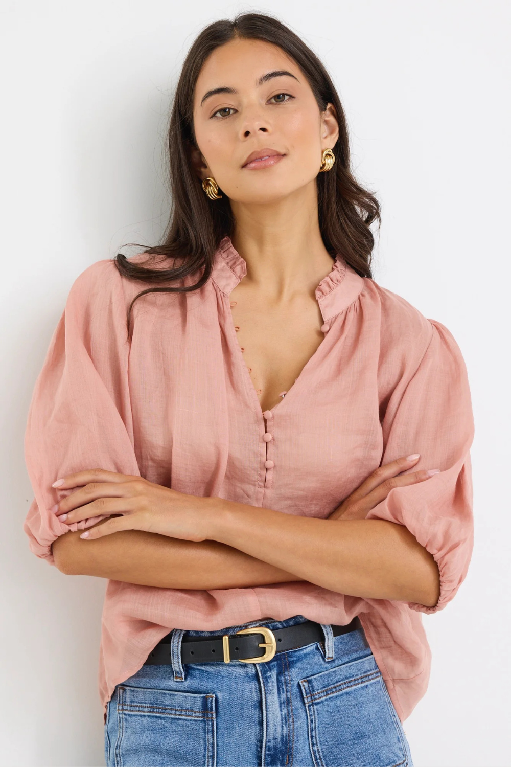 Closure Blush Ramie High Neck Buttoned SS Top