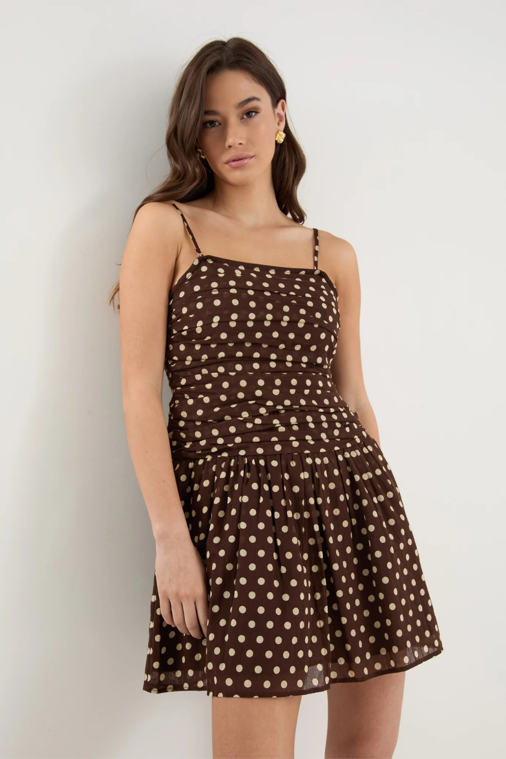 Florentine Chocolate Polka Dot Strapless Pleated Bodice Mini Dress