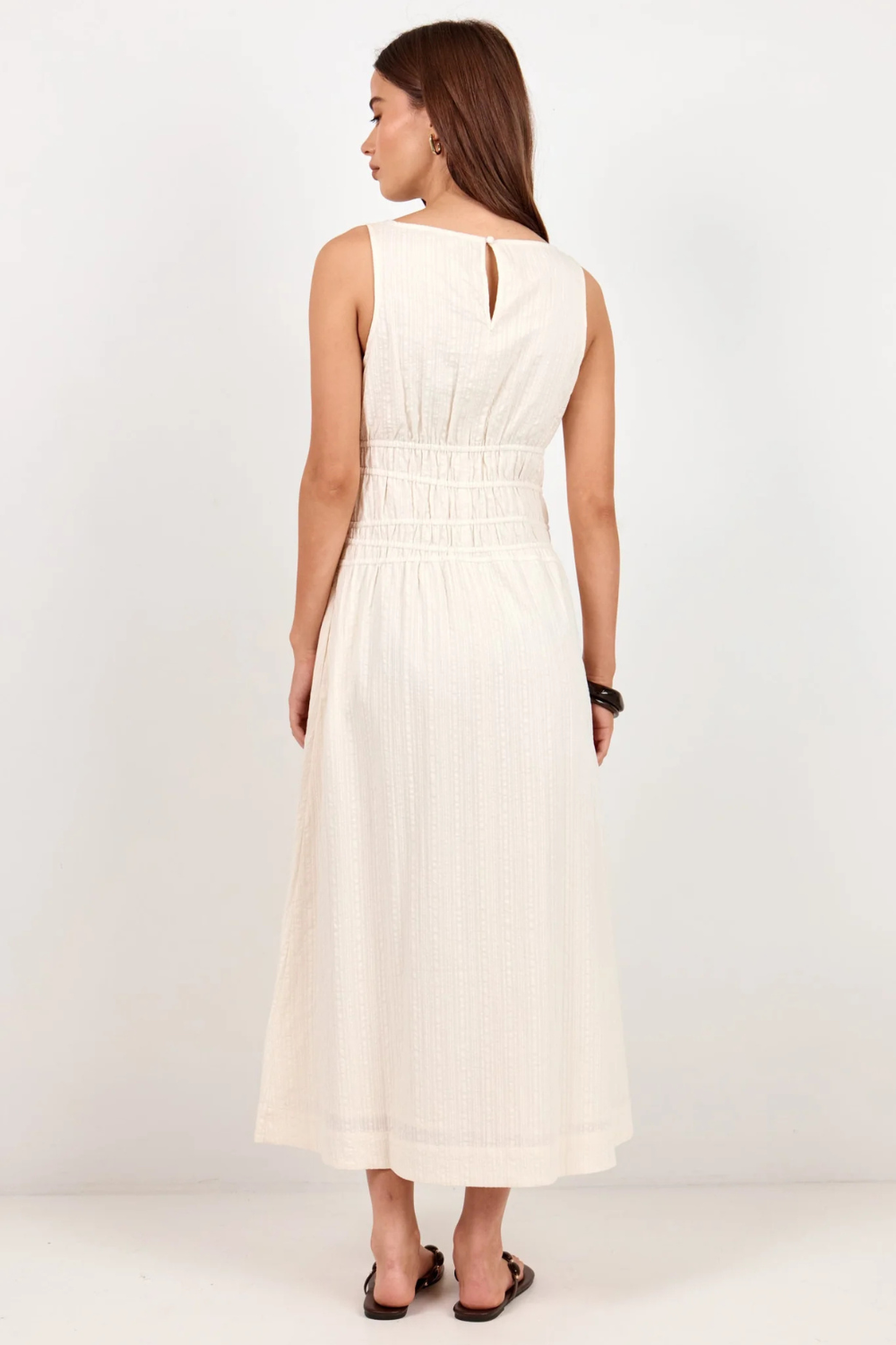 Lucent Cream Sleeveless Shirred Bodice Midi Dress
